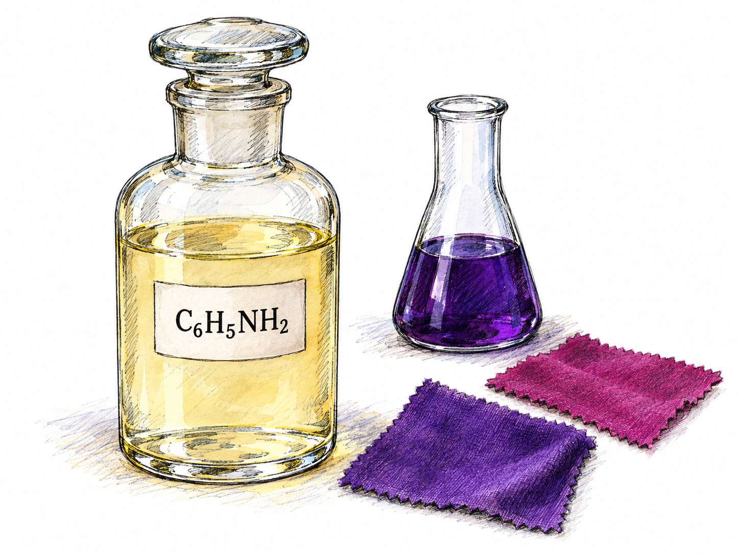A small laboratory bottle of pale, faintly yellow oily aniline, identified by its intrinsic chemical-formula label, beside a dye-making flask and vividly dyed fabric samples.