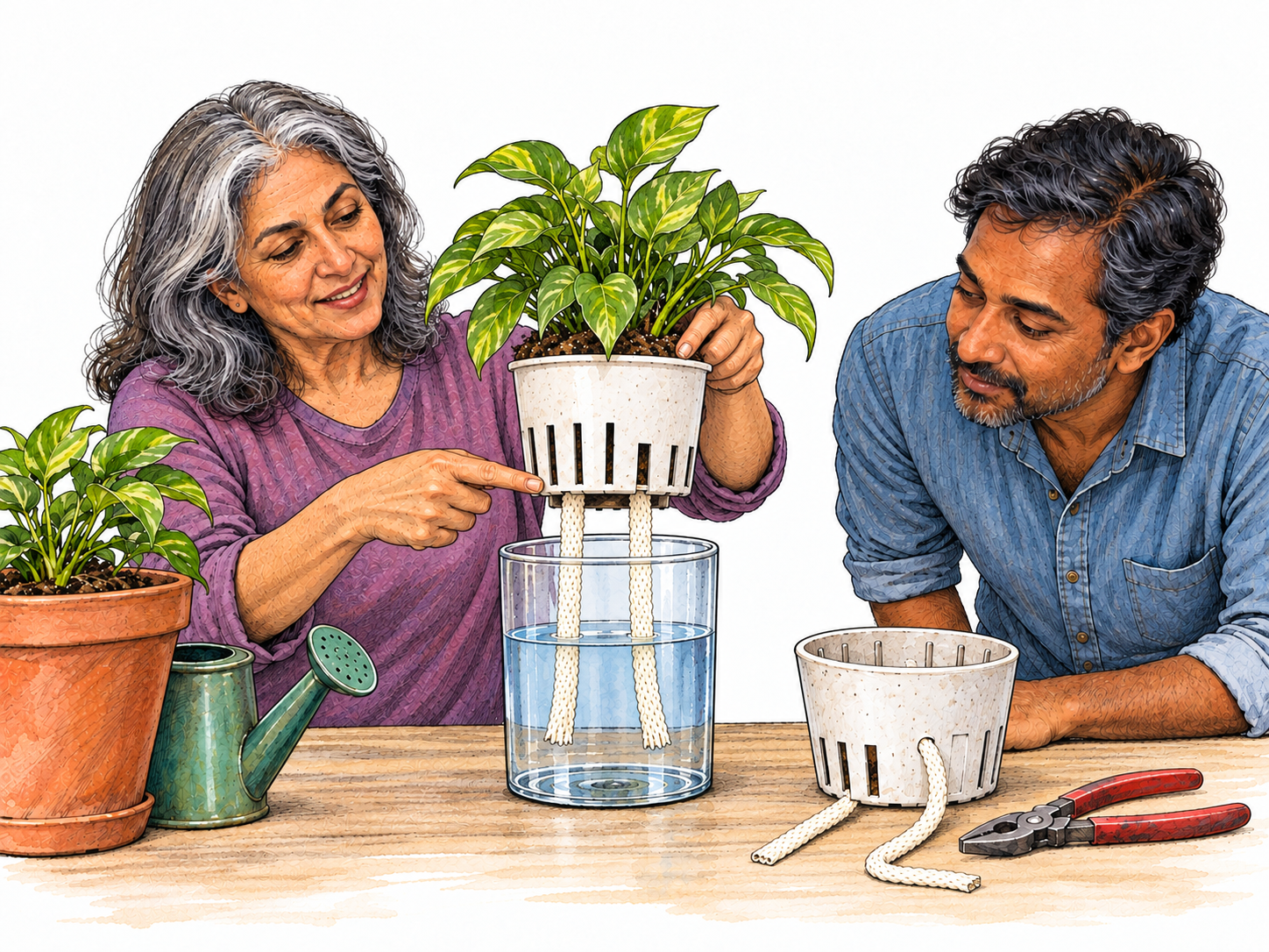 An inventor demonstrates a newly developed self-watering planter beside a conventional pot that requires hand watering.