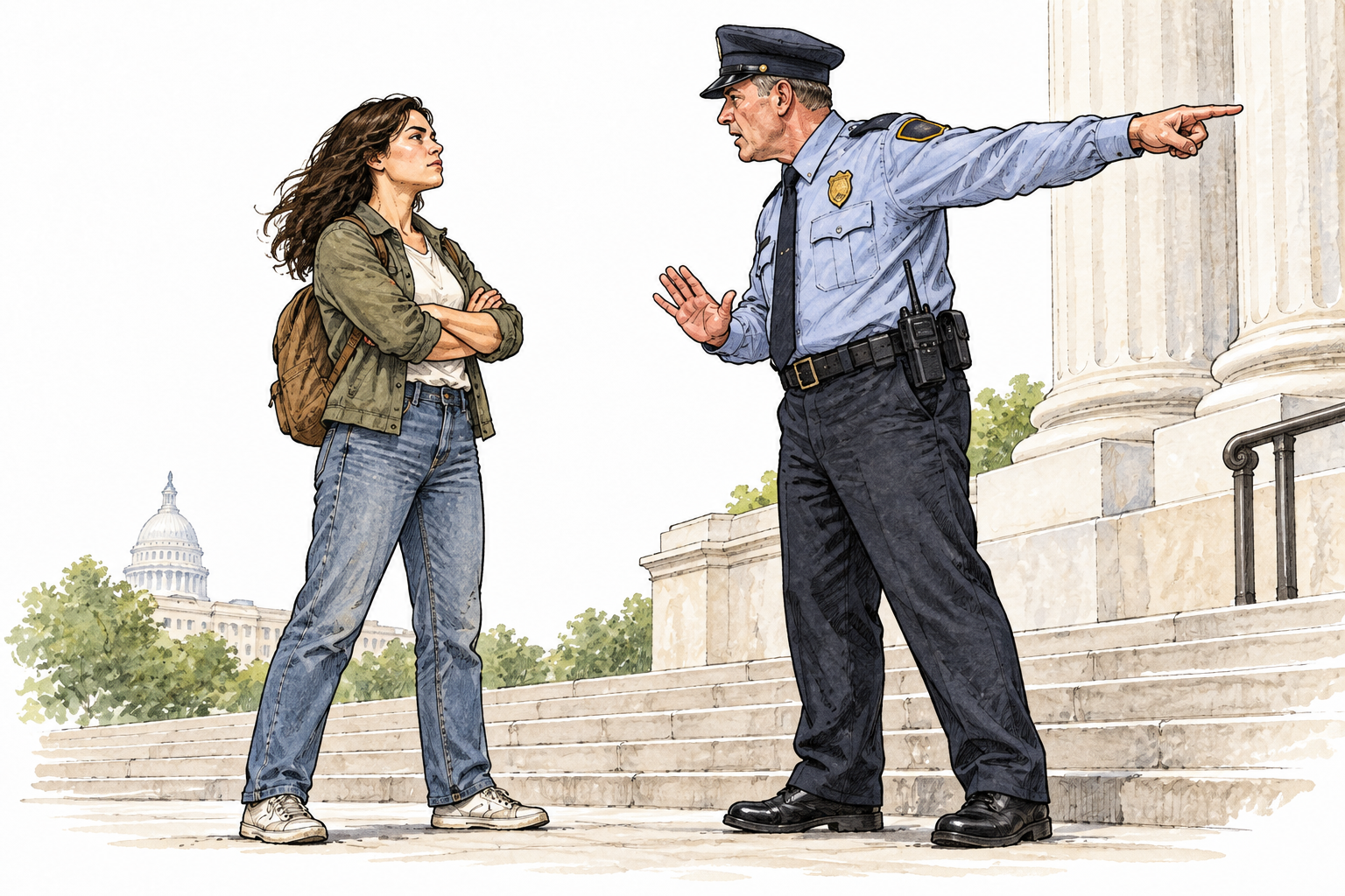 A person standing firmly against an authority figure's command in a modern civic setting, resisting posture and resolve, no signs or slogans.