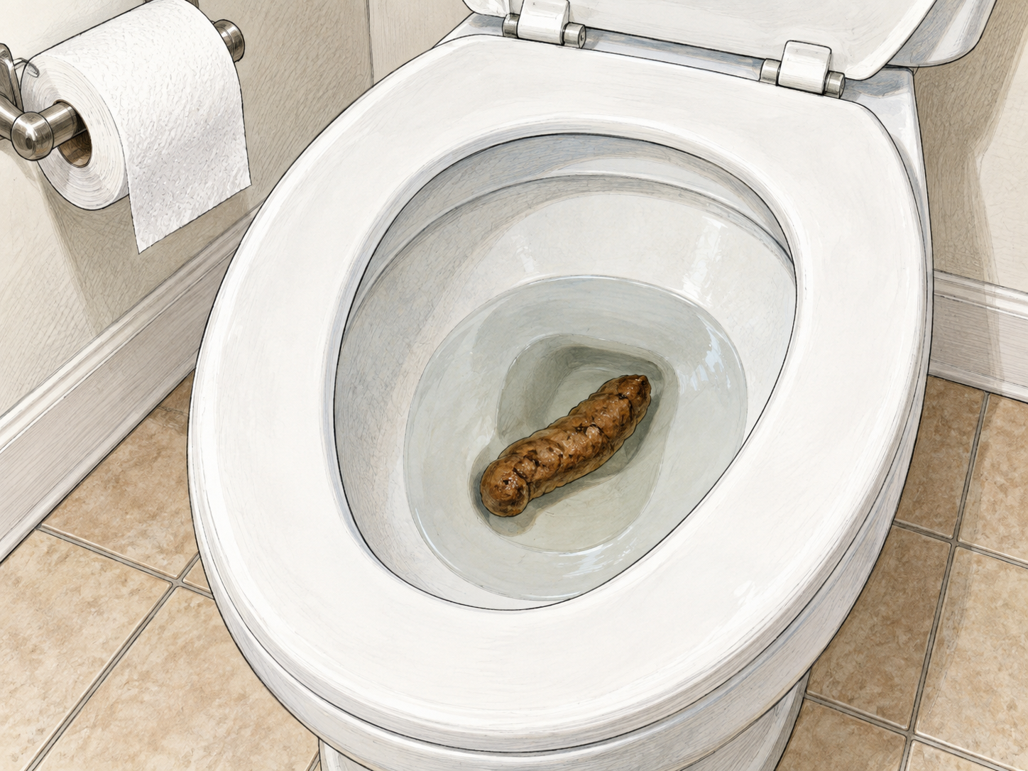 Formed stool in a toilet bowl.