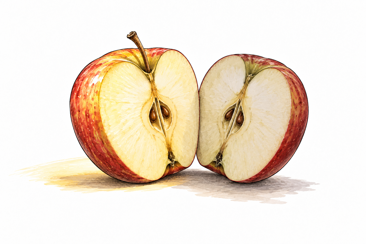 A round apple cut into exactly two equal halves, one half highlighted with warm light, showing half of a whole.
