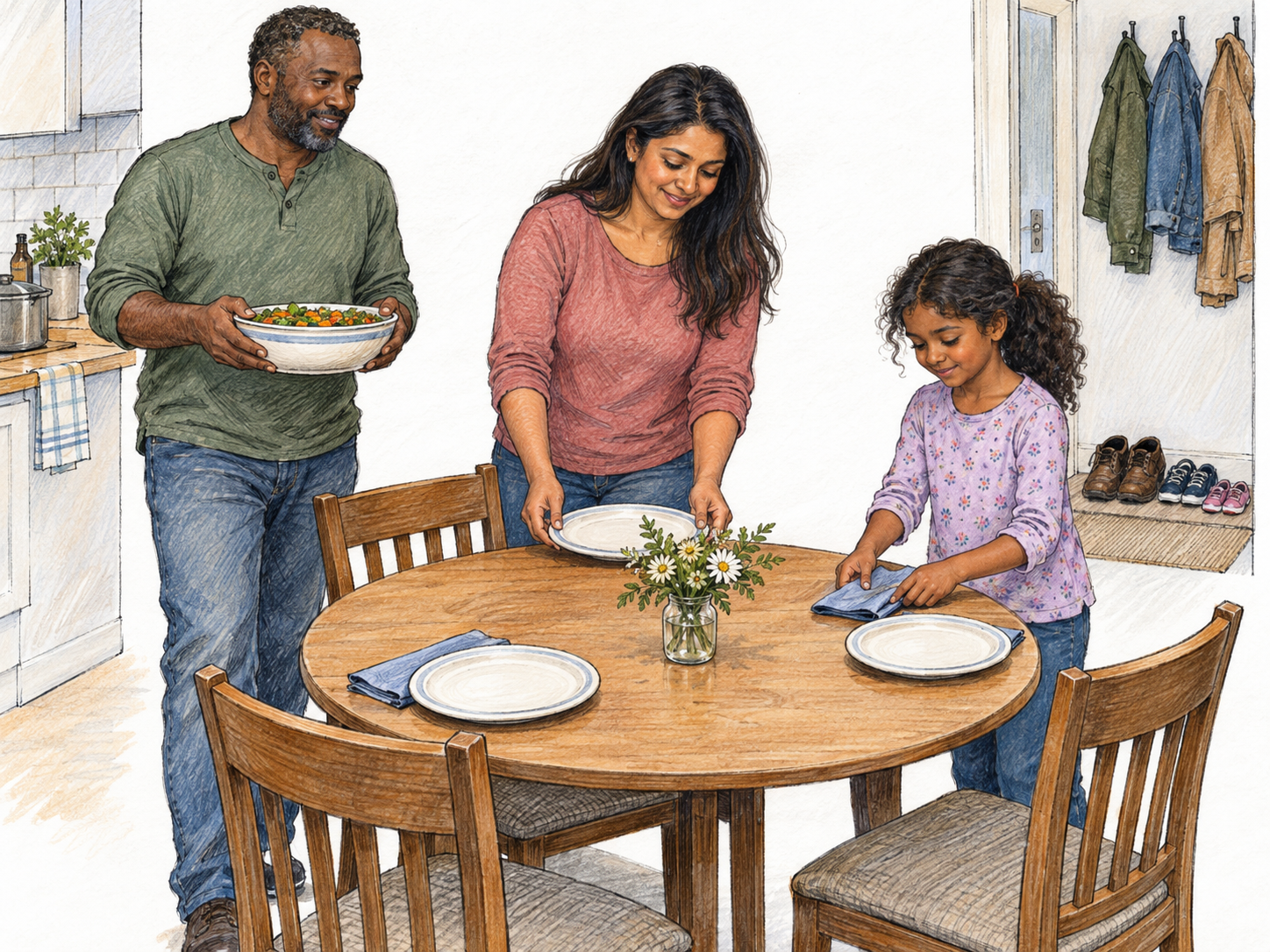 A small household sharing everyday domestic work: a couple and their child set their home table together, with a compact kitchen and family footwear at the doorway establishing a shared dwelling.