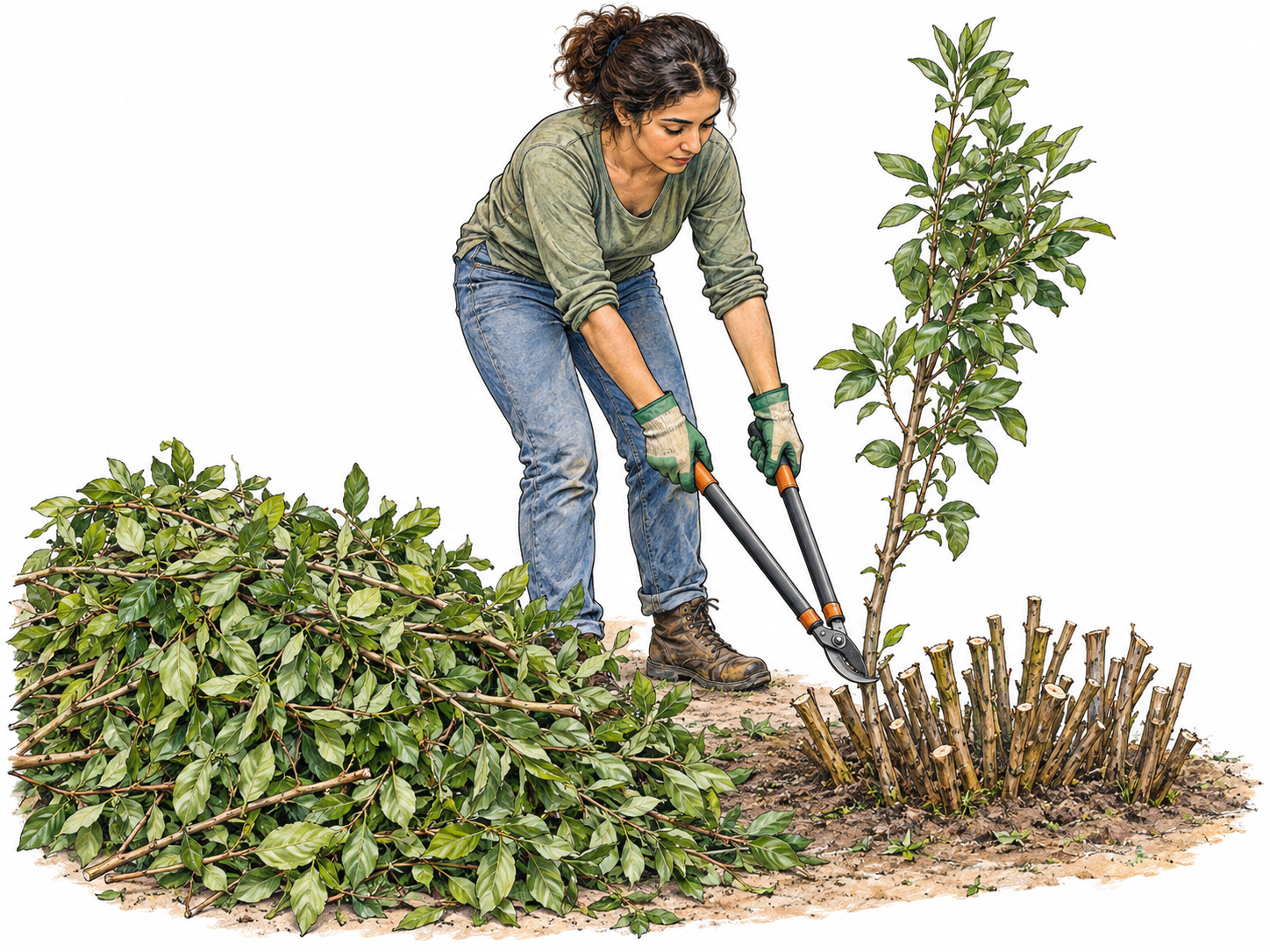 Drastic pruning: a gardener cuts a large, leafy shrub almost completely down to short bare stubs, with its severed leafy crown piled beside it.