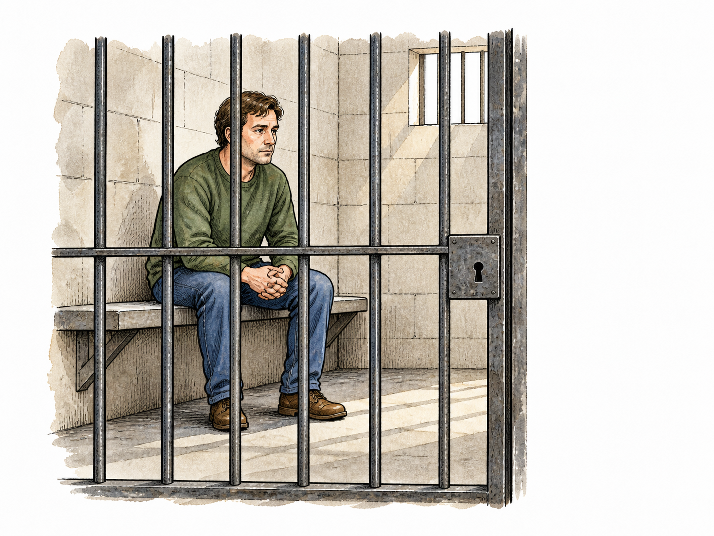 A fully clothed white adult sits quietly on a cell bench behind bars, respectful neutral context.