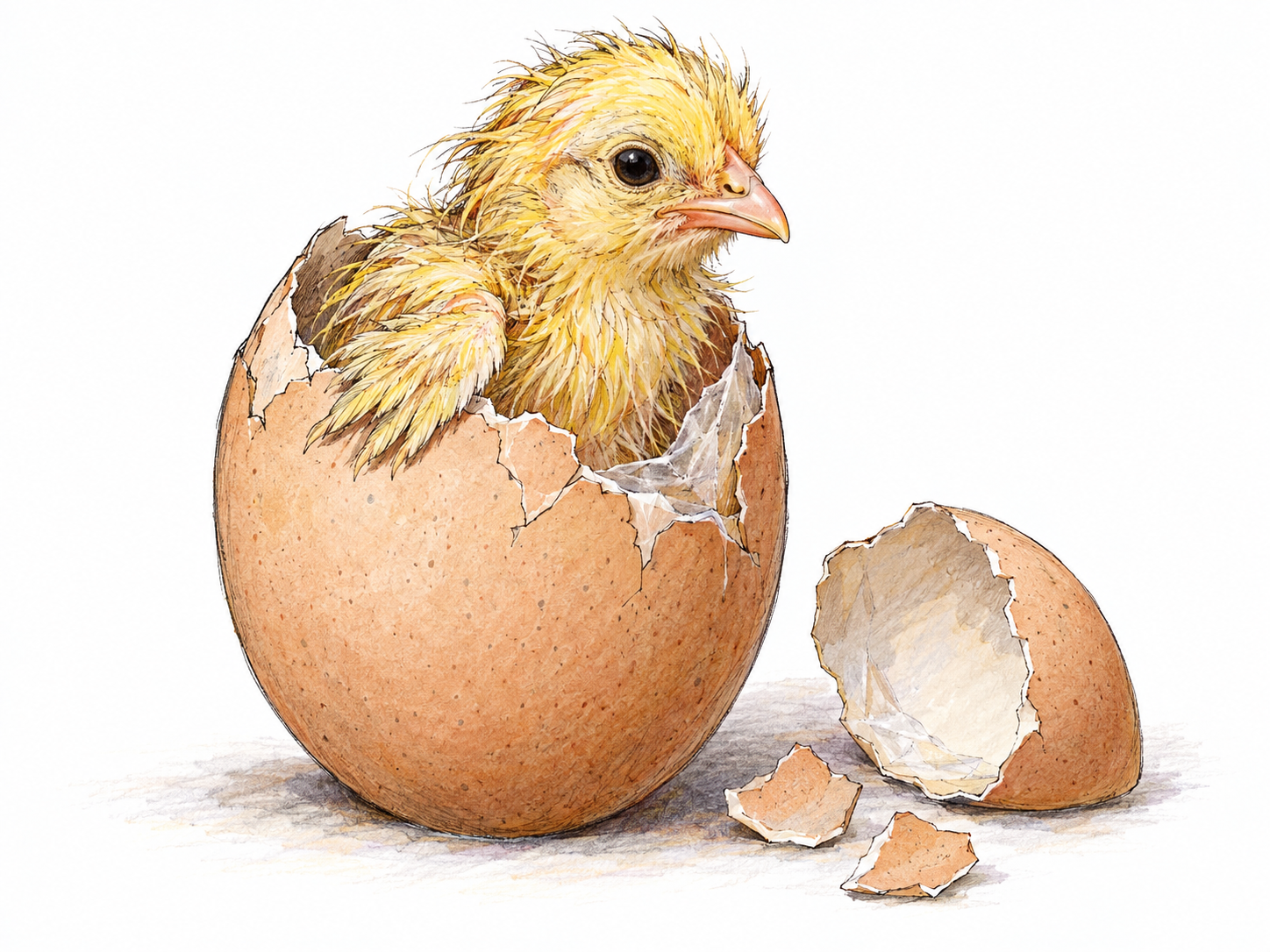 A newly hatching chick pushes its head and upper body through a broken eggshell, with its lower body still inside the egg.