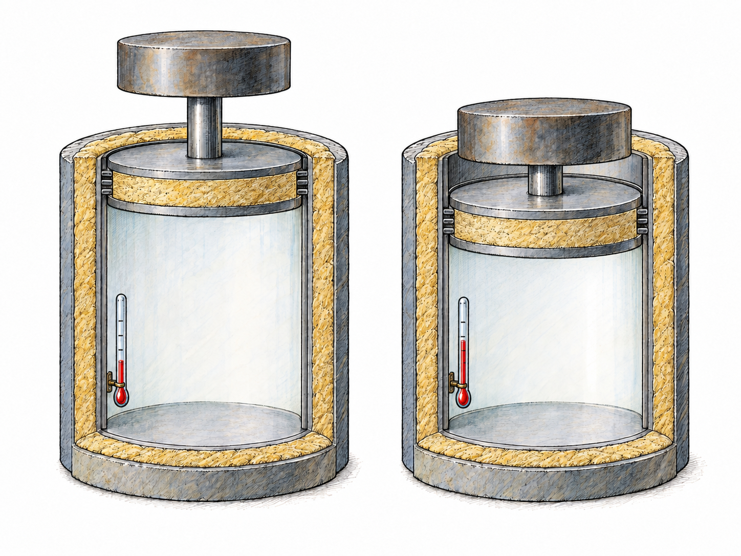 An insulated gas cylinder shown before and after weighted-piston compression: the gas volume decreases and an internal thermometer rises while the insulating enclosure remains intact.