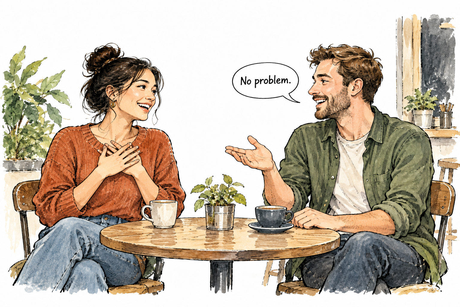 Two relaxed adult friends speaking naturally at cafe; one offers thanks and the other says only 'No problem' in a small functional speech bubble.