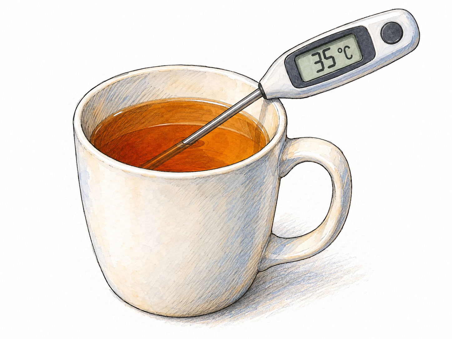 A mug of tea with an immersed digital food thermometer reading 35 °C, making the literal lukewarm sense visible through a concrete temperature cue.