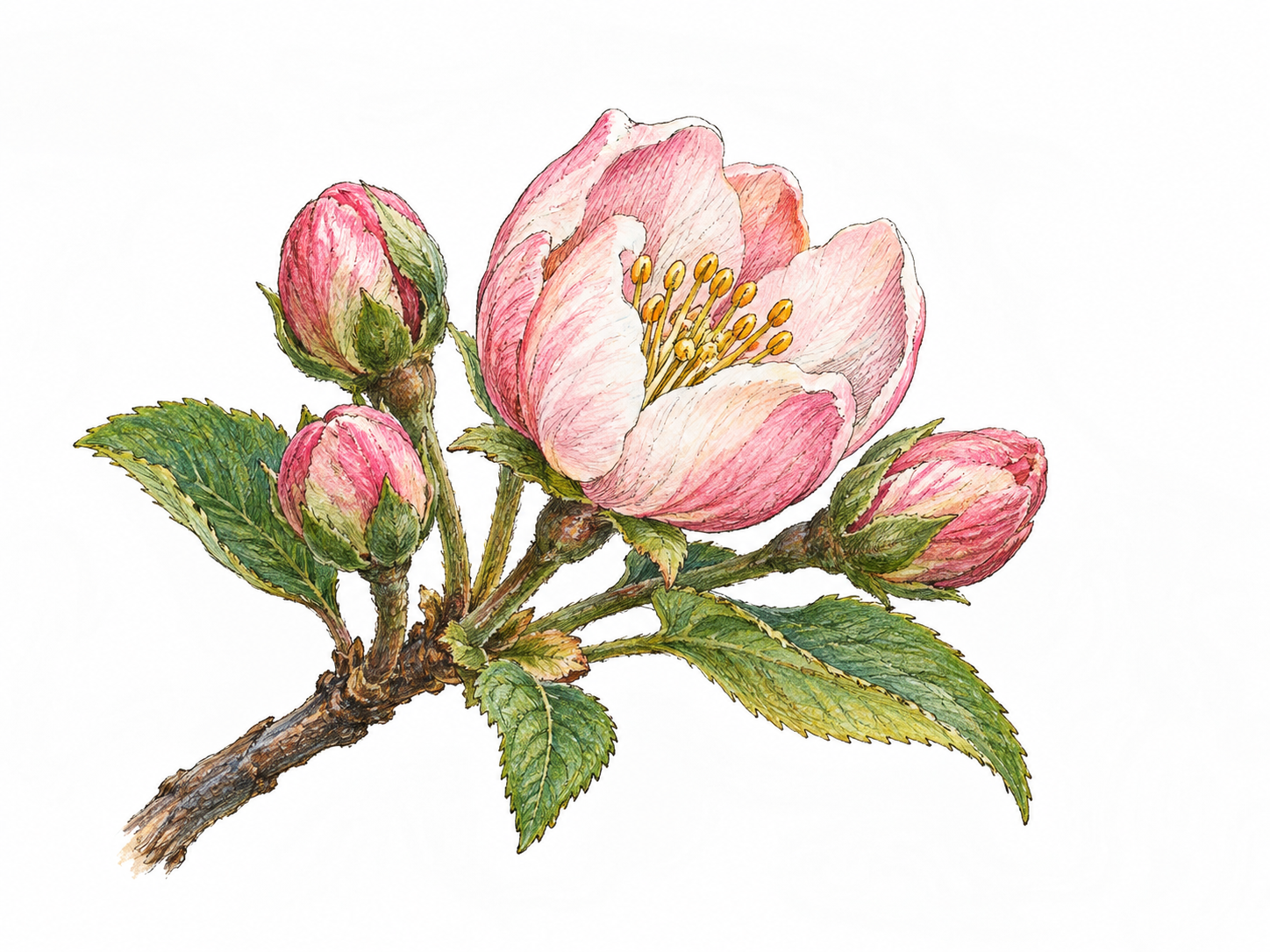 A flower bud actively opening with petals partly unfurled among unopened buds on same stem, clearly coming into bloom, no time arrows.