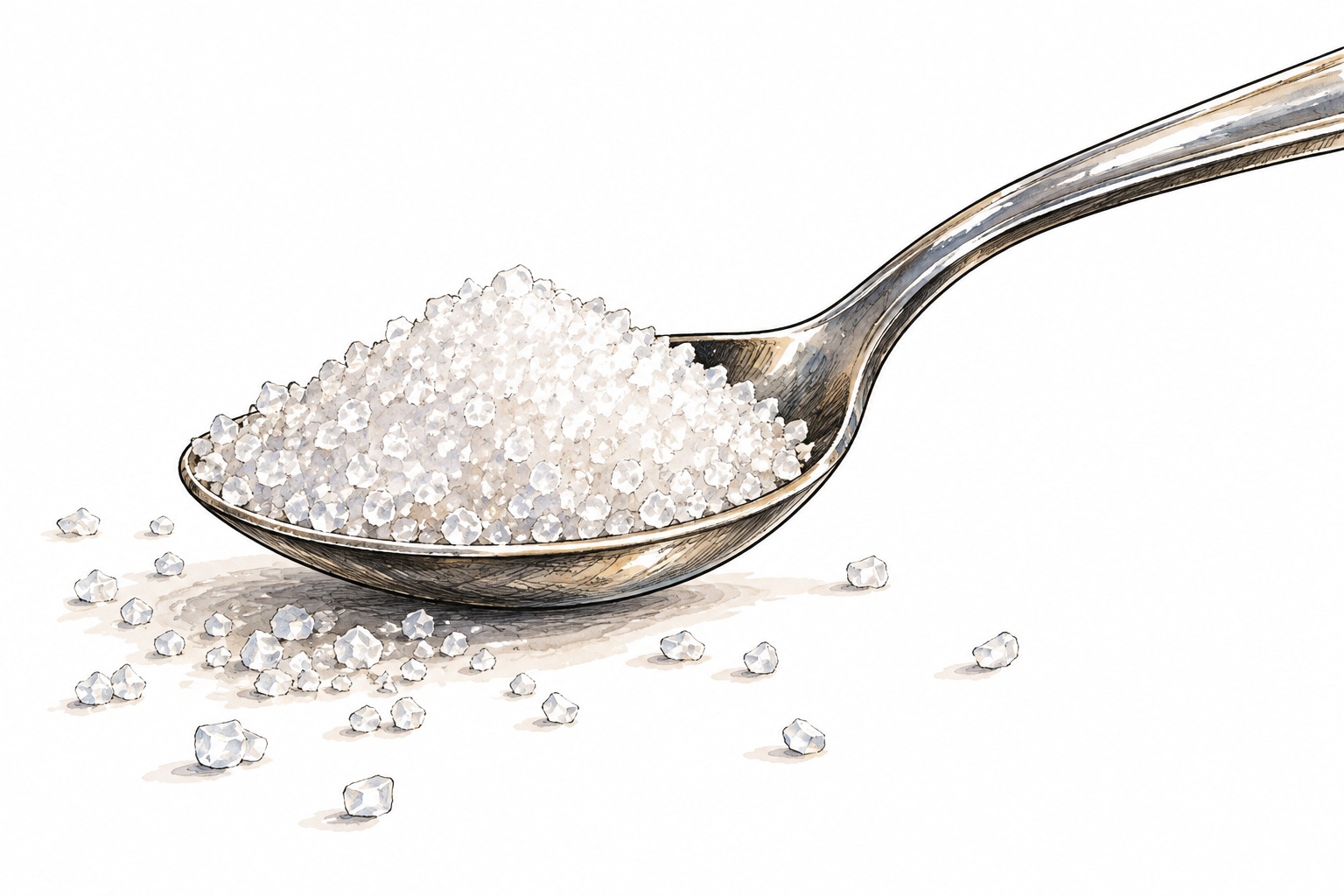 A spoon holding tiny white sugar granules with several scattered individual grains visibly detailed in foreground, no labels or magnification text.