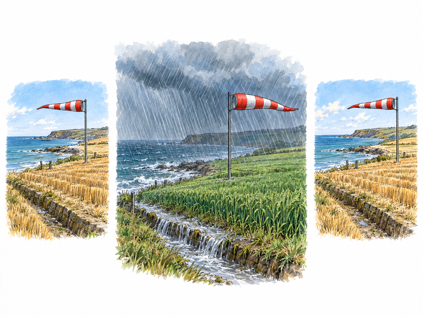 A sparse dry–wet–dry sequence of the same coastal field makes the recurring rain-bearing wind pattern visible, using windsocks rather than ambiguous palm silhouettes to establish airflow.