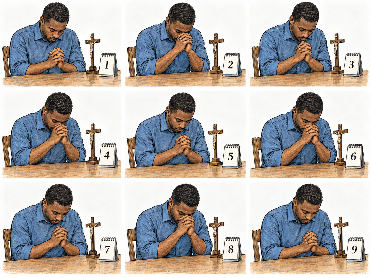 A compact nine-day sequence shows the same man praying in the same devotional setting on each successive calendar date, making both prayer and its repetition over nine days visible.