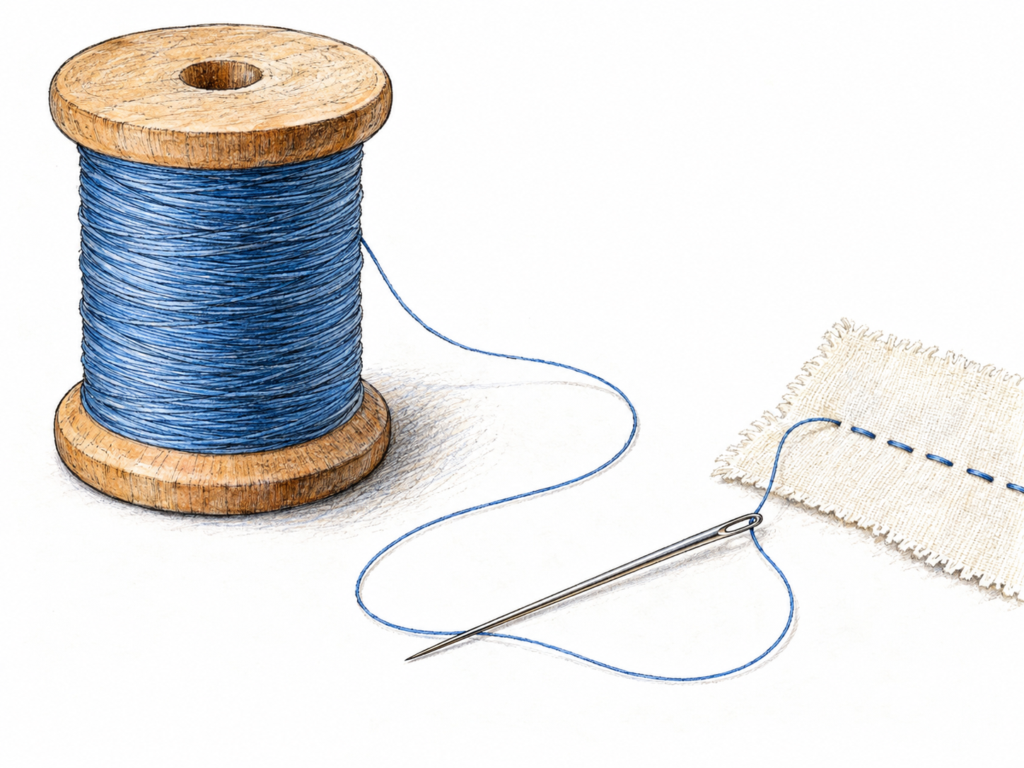 A spool of fine blue sewing thread unwinds into a loose strand passed through a sewing needle beside a small cloth swatch with matching stitches.