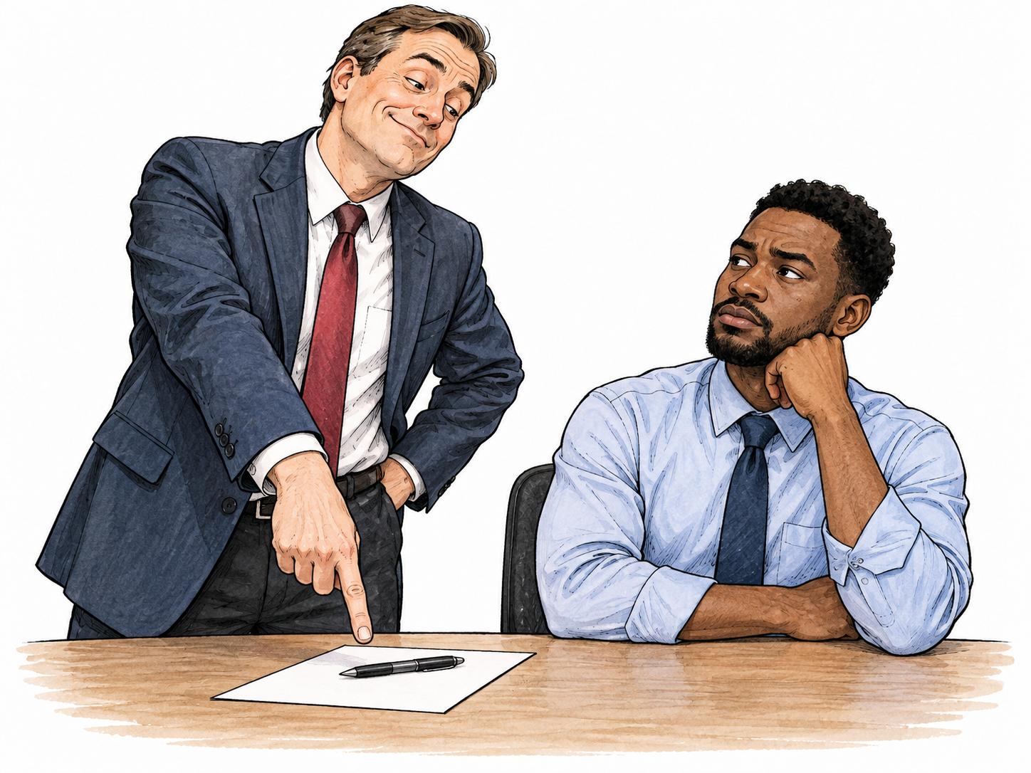 Adult manager patronizingly points at a very simple task while smirking at competent adult colleague who looks unimpressed; subtle superiority, no text.