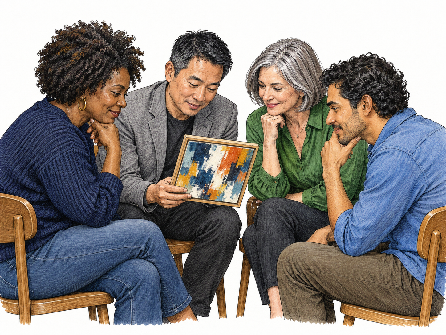 Four close-knit art enthusiasts sit in tight inward-facing circle examining one small abstract painting, their shared focus and closed seating distinguishes exclusive group; no additional crowd or written invitations.