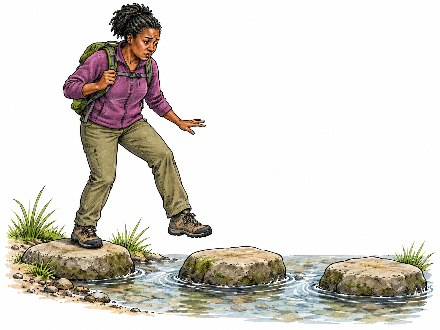 An adult stands uncertainly at the edge of a shallow stepping-stone crossing, one foot poised but not committed; no dangerous chasm.