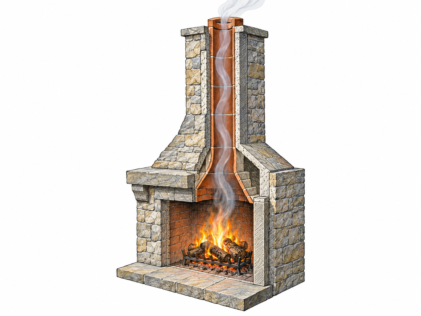 A simple cutaway of a masonry fireplace and chimney exposes the continuous inner smoke passage, with smoke visibly rising from burning logs through the flue and exiting its open top.