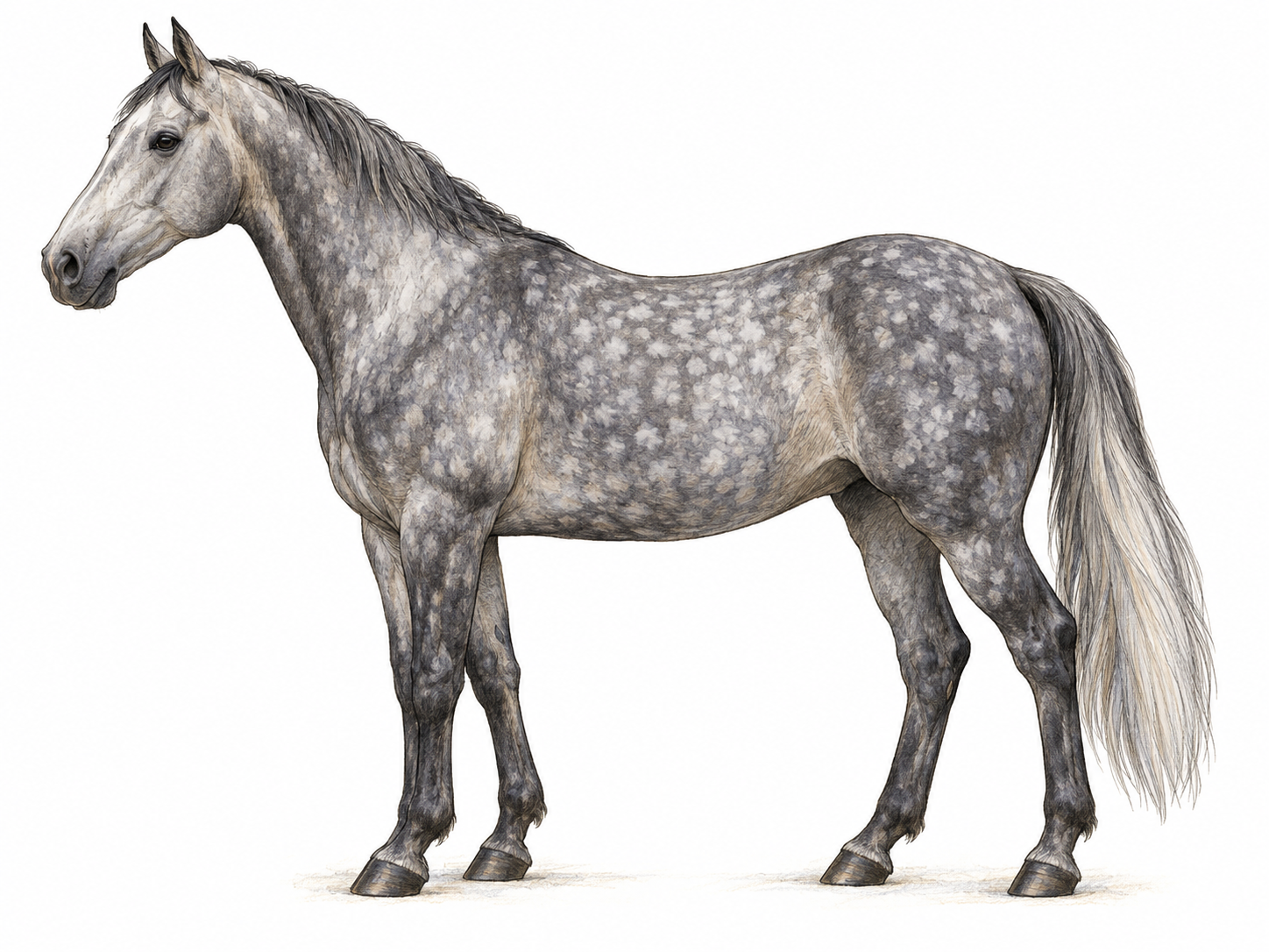 A single dapple-gray horse in side view, its coat visibly covered with irregular pale patches against darker gray, clearly showing contrasting coloration.