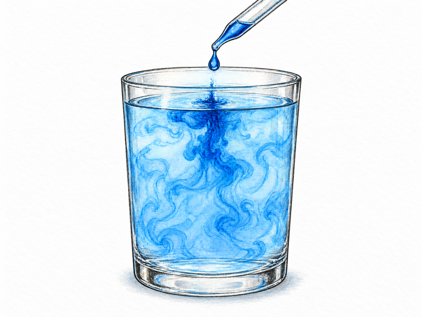 Blue dye spreads through a clear glass of water, with branching translucent currents reaching throughout the water rather than remaining as a separate layer.