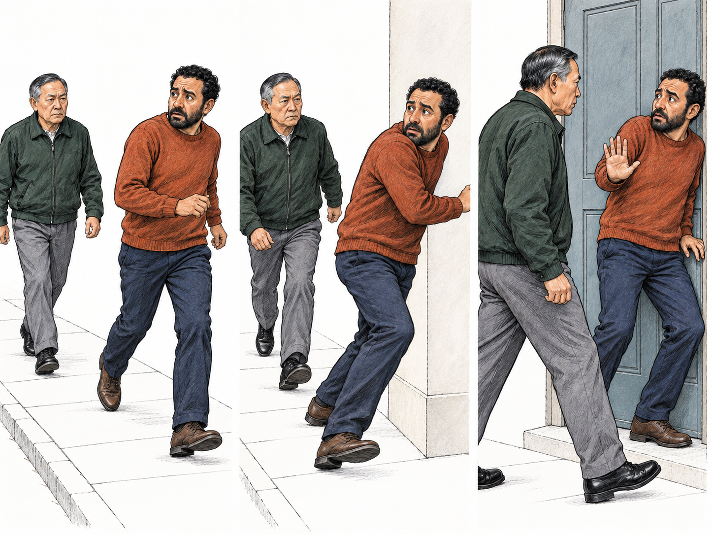 A text-free three-panel sequence shows the same older man persistently following another man along a sidewalk, around a corner, and to a closed doorway.
