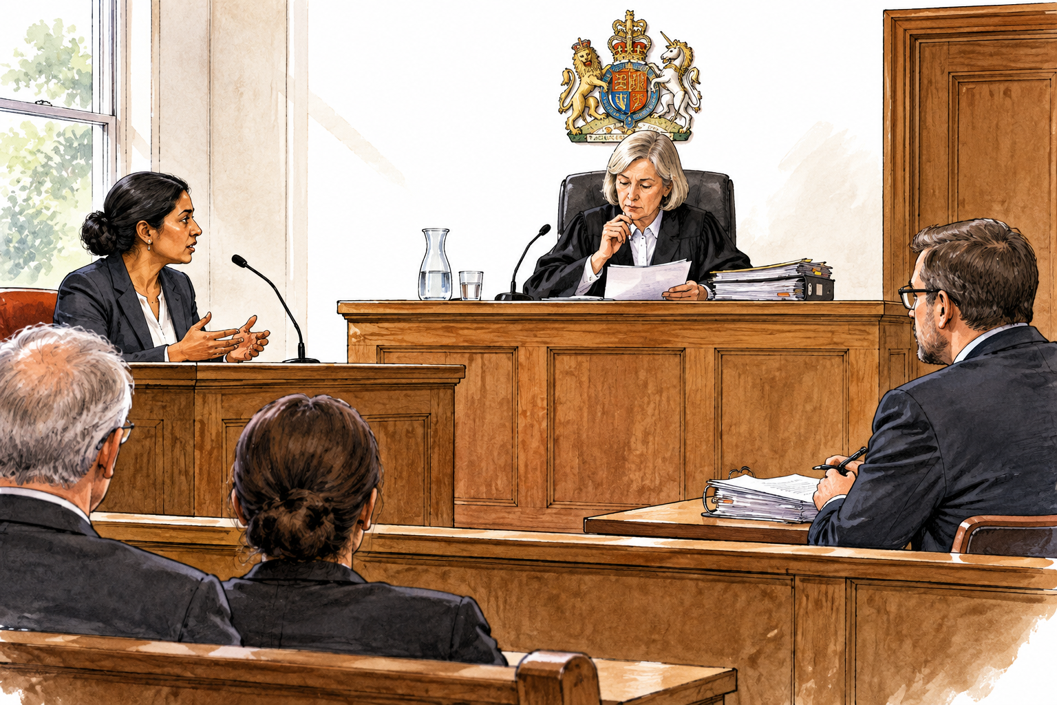 A formal coroner's inquest room with an official reviewing records and listening to witnesses, no bodies or graphic details.