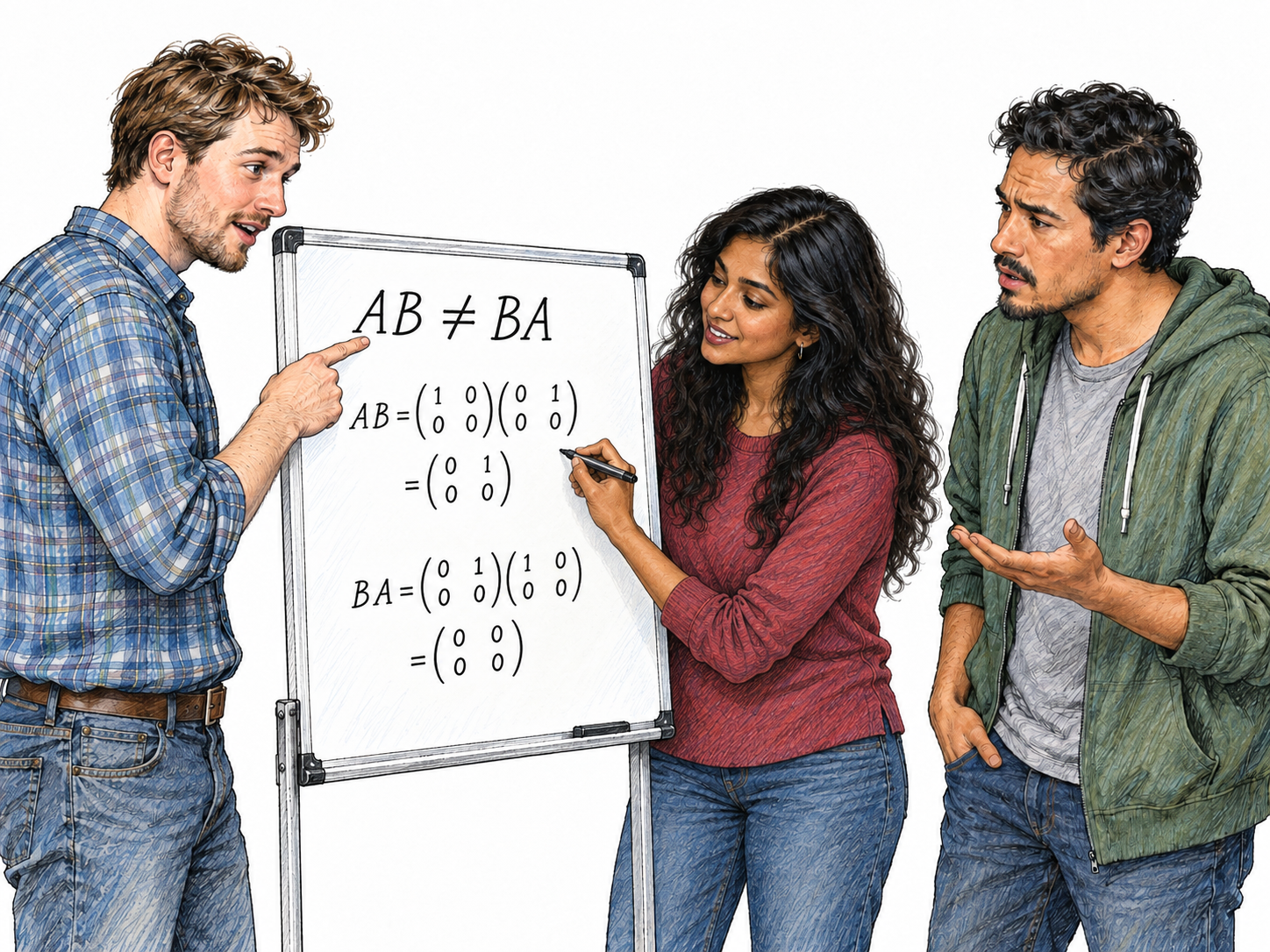 Two specialists readily interpret an abstract mathematical expression while a nearby nonspecialist cannot follow their exchange, making specialized understanding—not merely secrecy—visible.