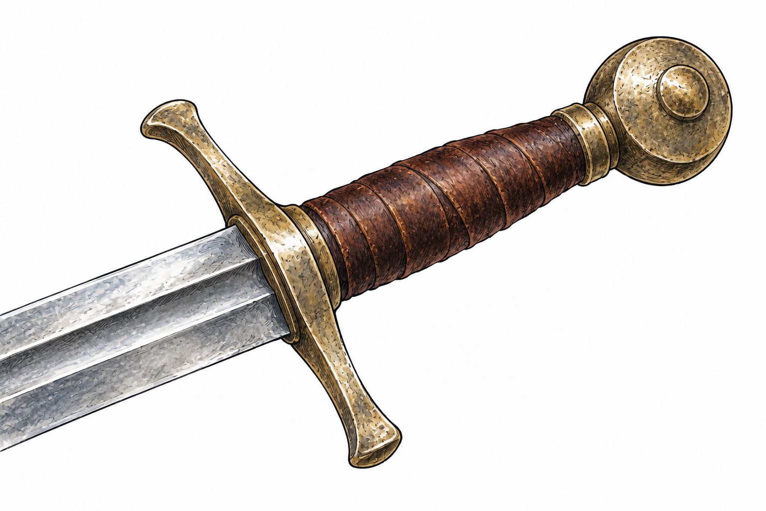 Closeup of a historically plausible sword hilt with its rounded pommel clearly prominent at the end opposite the blade, no hand obscuring knob, no writing.