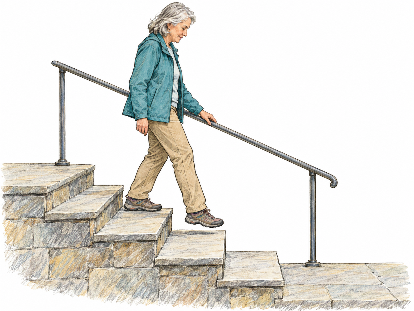 An older woman descends a short outdoor staircase, facing the lower landing with her leading foot reaching the next lower tread and her trailing foot still on the higher step.