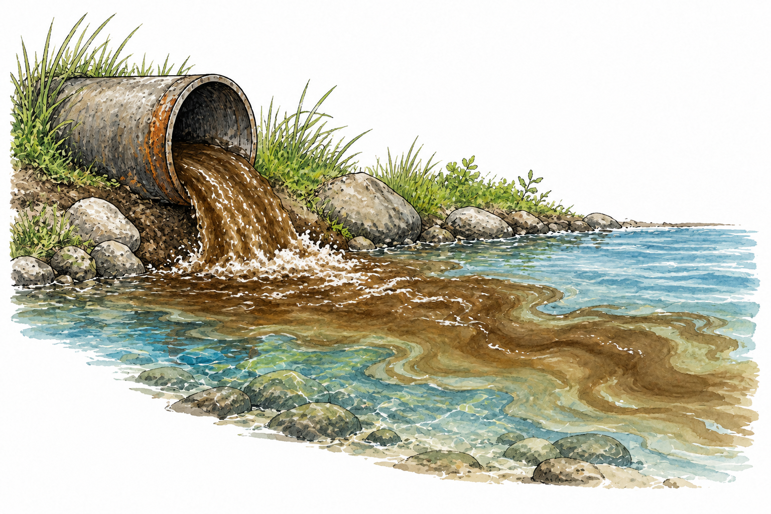A leaking pipe pours polluted brown liquid into previously clear stream.