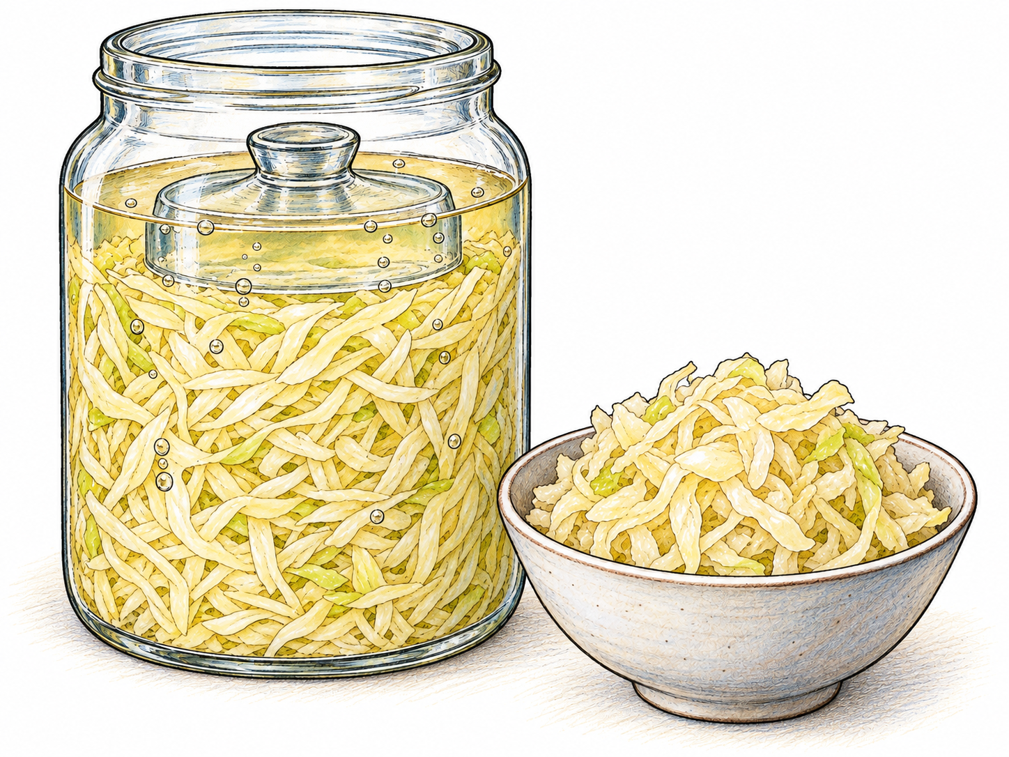 A clear fermentation jar filled with finely shredded pale cabbage submerged in brine, with small fermentation bubbles and a glass weight keeping the cabbage below the liquid.
