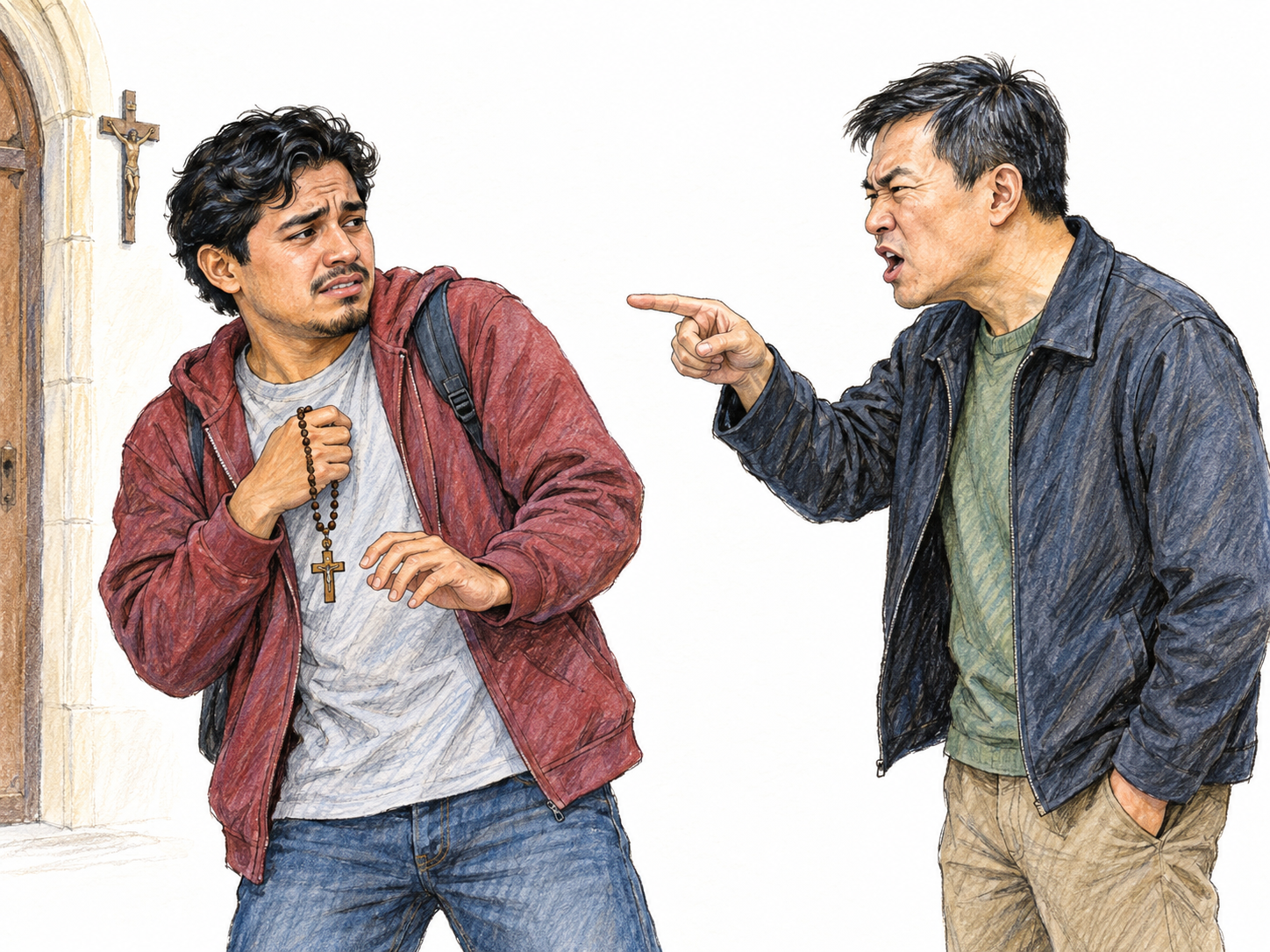 Outside a minimally suggested Catholic church doorway, a young Roman Catholic man holding a rosary recoils from another man's contemptuous pointing and hostile expression.