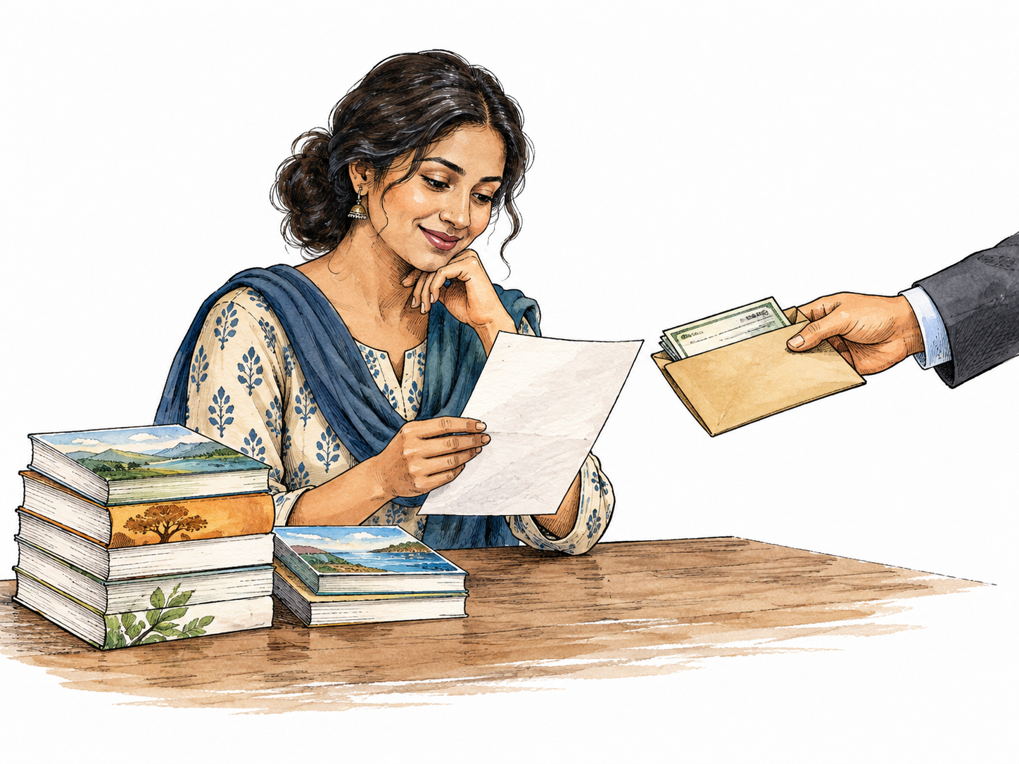 A South Asian author receives a payment statement beside stacks of her published books, no readable text.