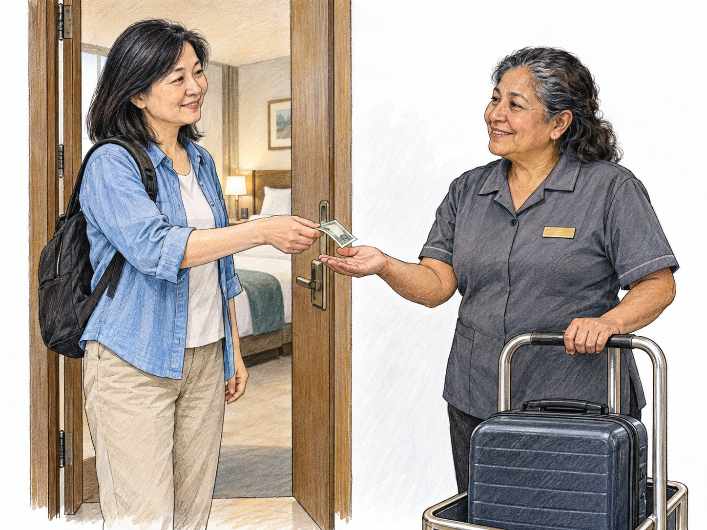 A hotel guest gives a small cash tip to a porter who has just delivered her suitcase, with the luggage trolley making the service context visible.