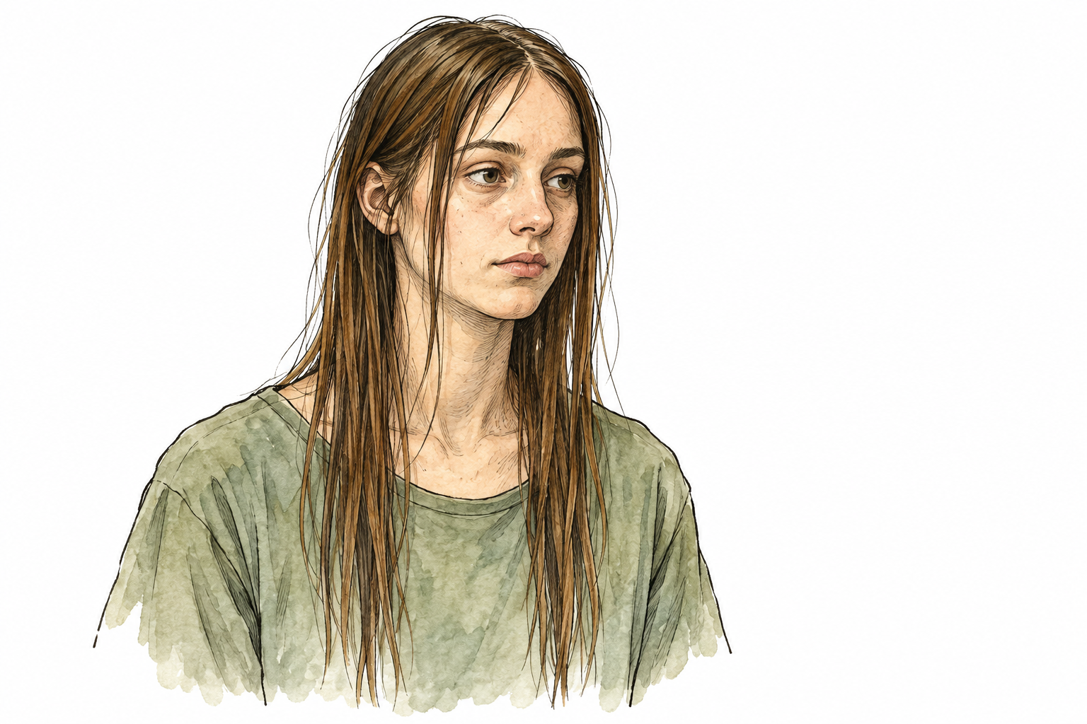 Young adult with long thin limp hair hanging flat beside face, realistic unglamorous hair texture, neutral expression, no writing.