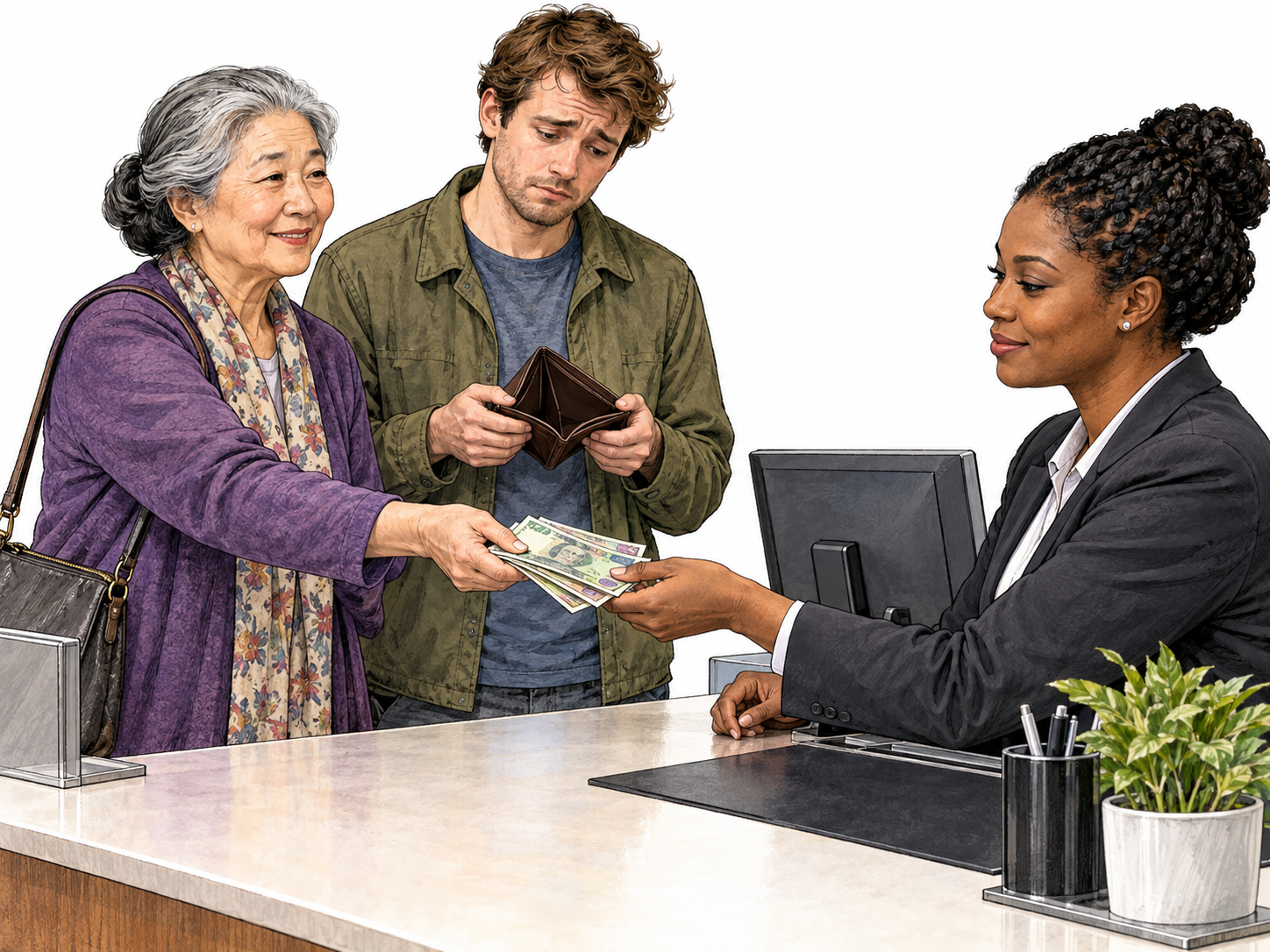 At a modern lending desk, an older East Asian woman offers her own funds on behalf of a younger white male borrower whose hands show an empty wallet; a Black female lending officer receives the payment.