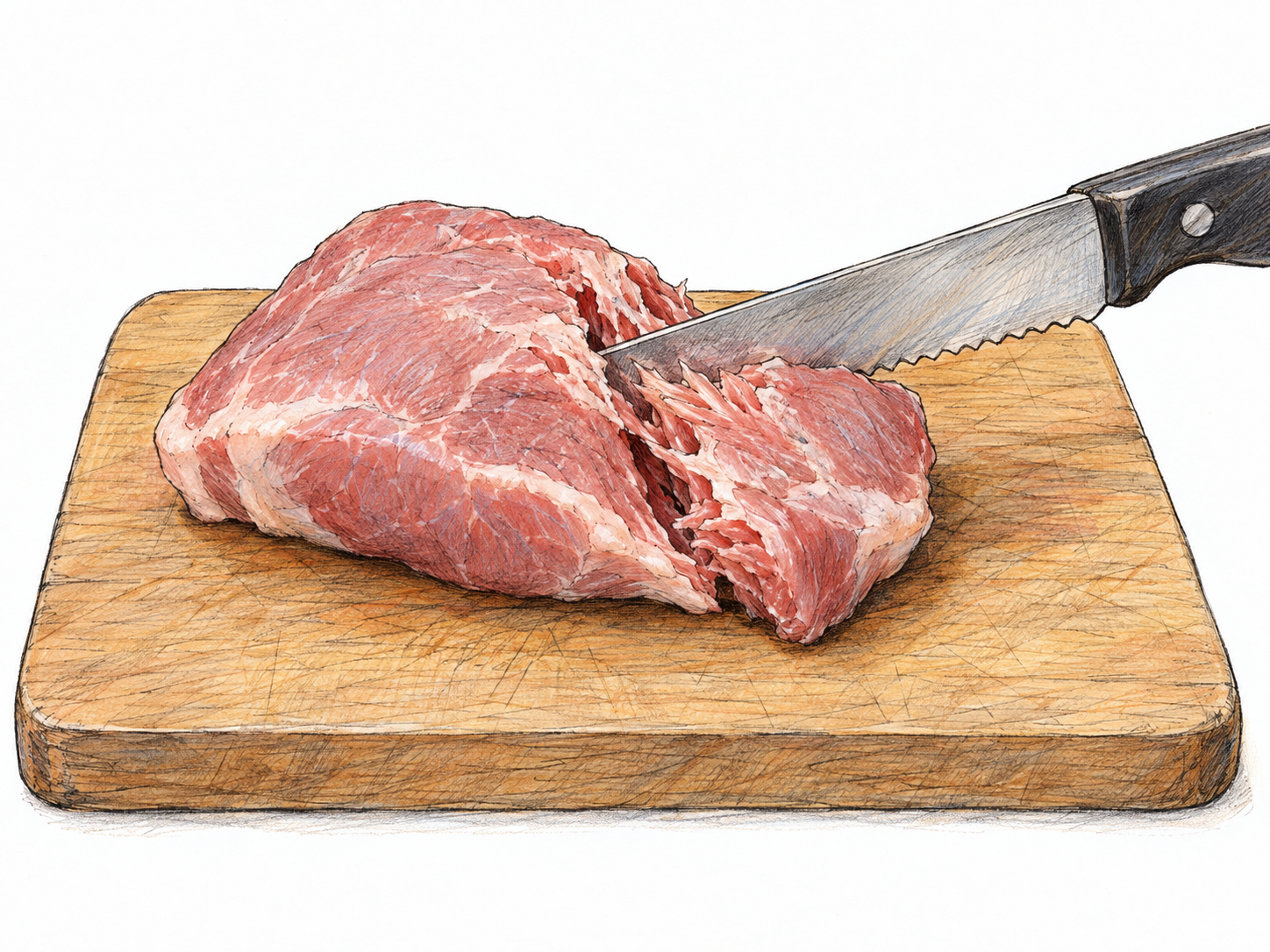 A serrated knife caught in a piece of raw meat on a plain cutting board, with a deep, uneven tear opening along the blade.