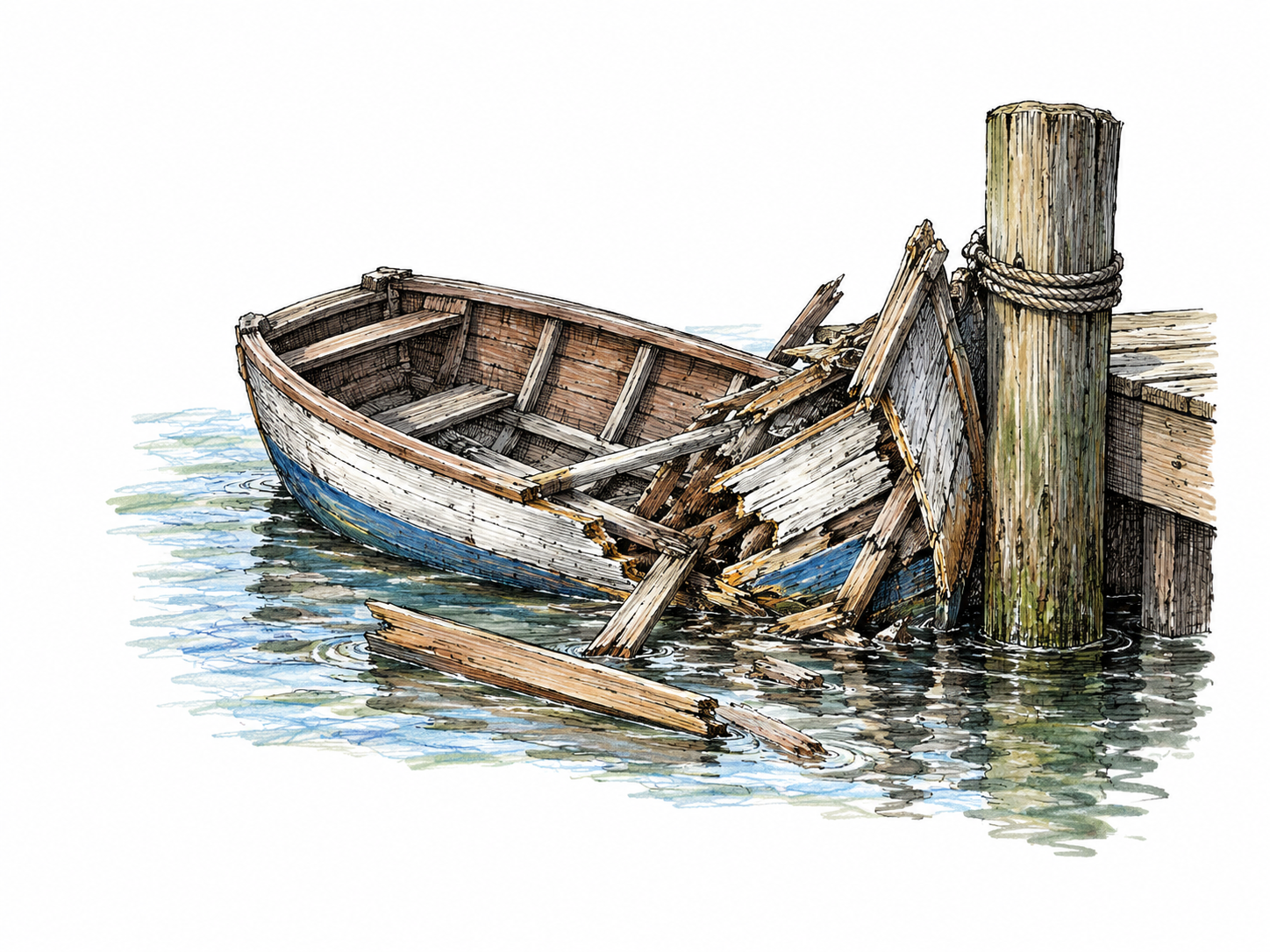 A wrecked small rowboat lies split and crushed against a dock piling after a collision, broken hull ribs and detached plank clearly show badly ruined remains; tiny water strip only, no people.