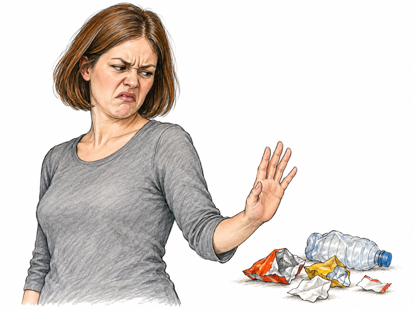 Woman regards a small pile of discarded plastic litter with intense contempt, lip curled, narrowed eyes and dismissive open hand, plainly despises littering rather than a group of people.