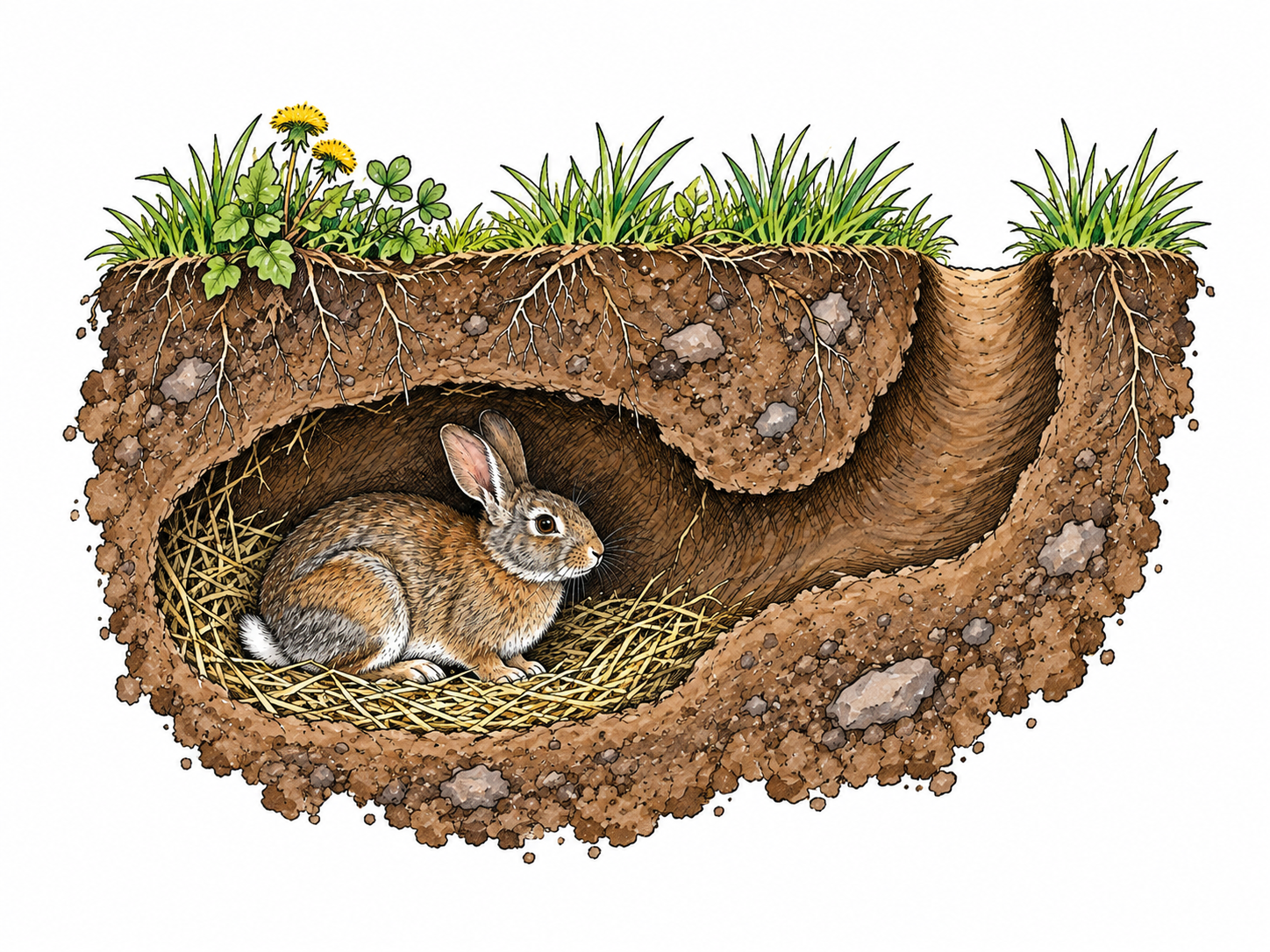 Cutaway earth shows rabbit beside cozy chamber and tunnel to surface.