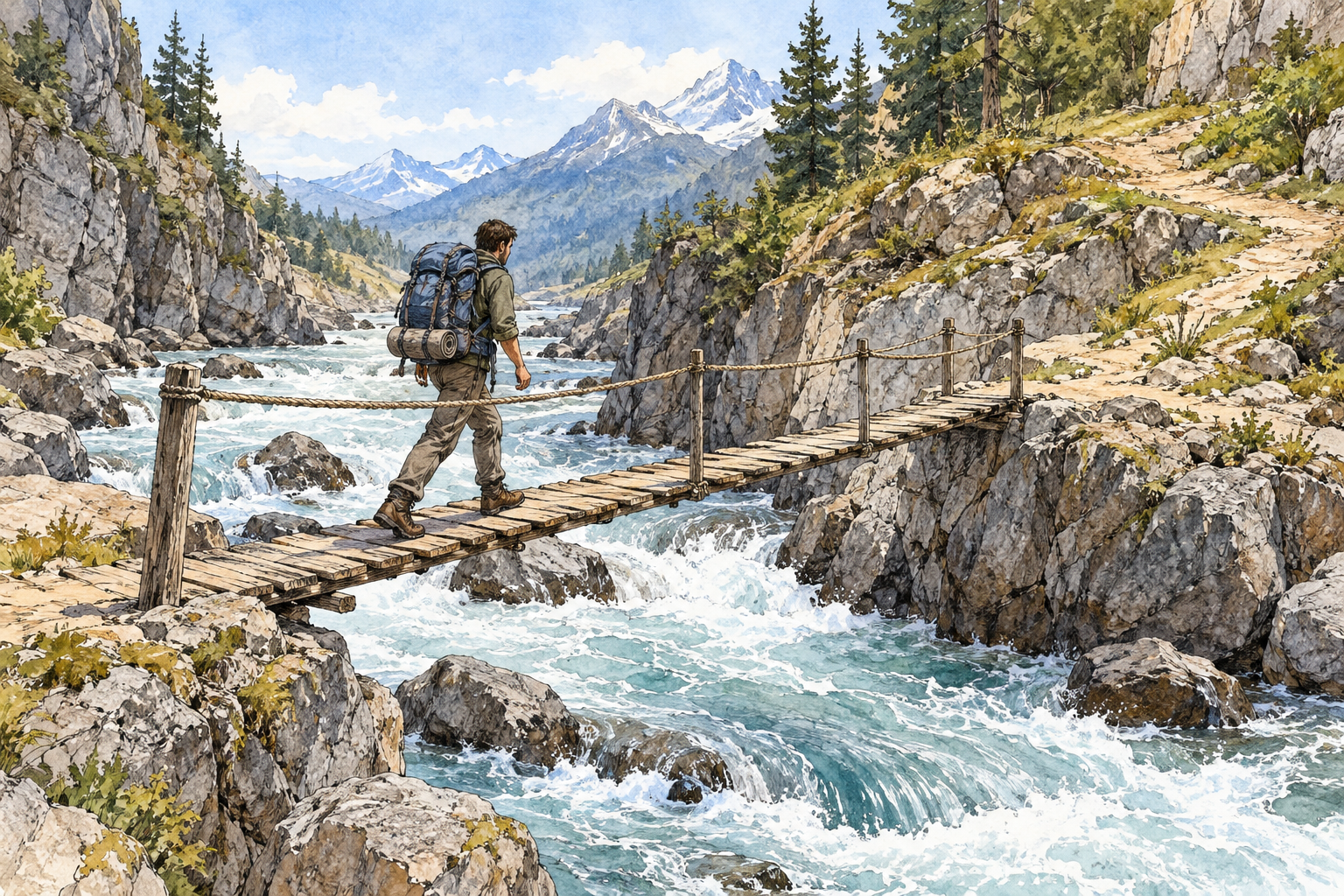 Traveler must use narrow footbridge because river blocks every other route, unavoidable crossing by necessity, no words.