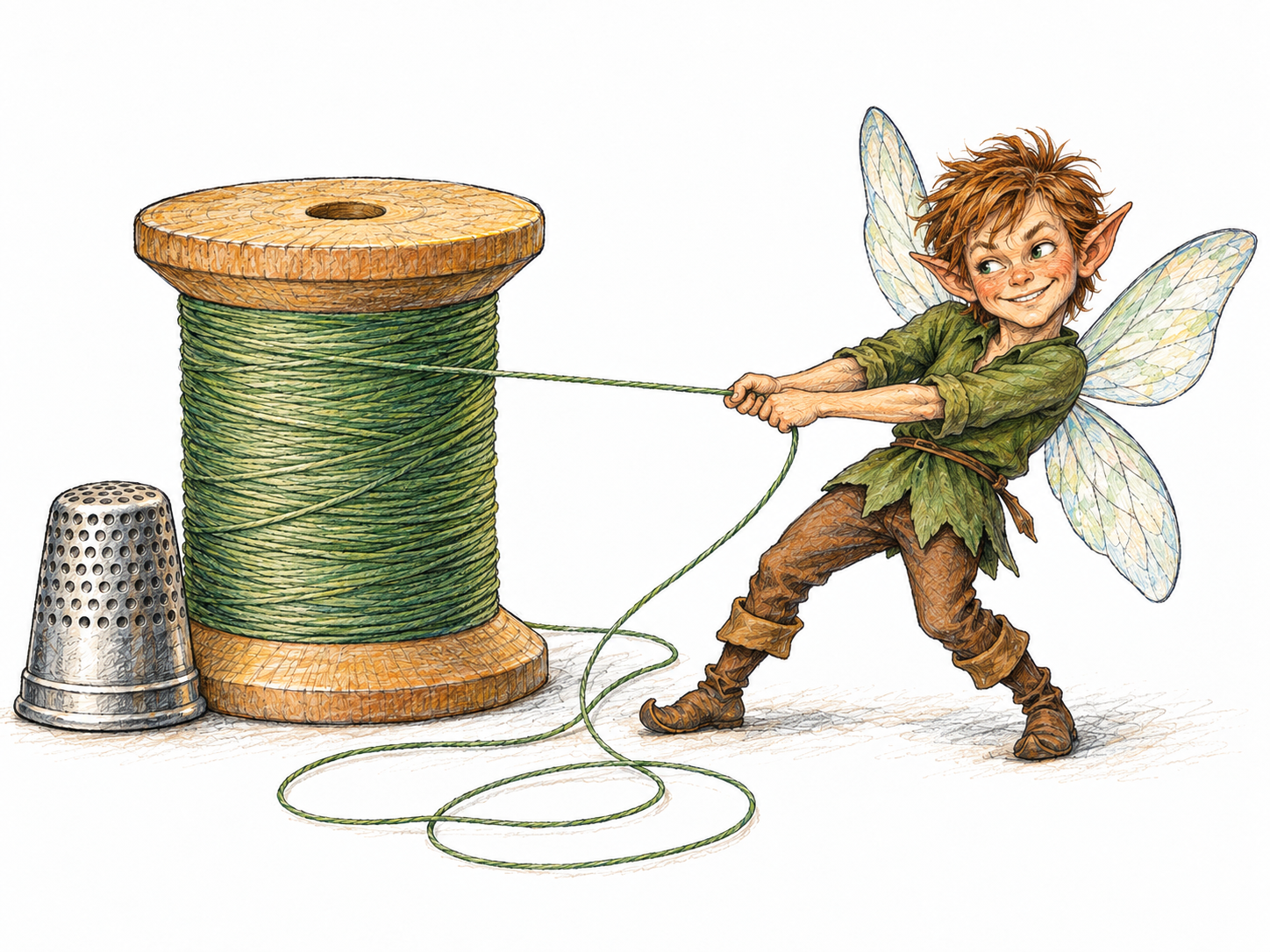 A tiny winged pixie with pointed ears mischievously pulls a loose thread from an ordinary sewing spool; the oversized spool and thimble make its miniature scale unmistakable.
