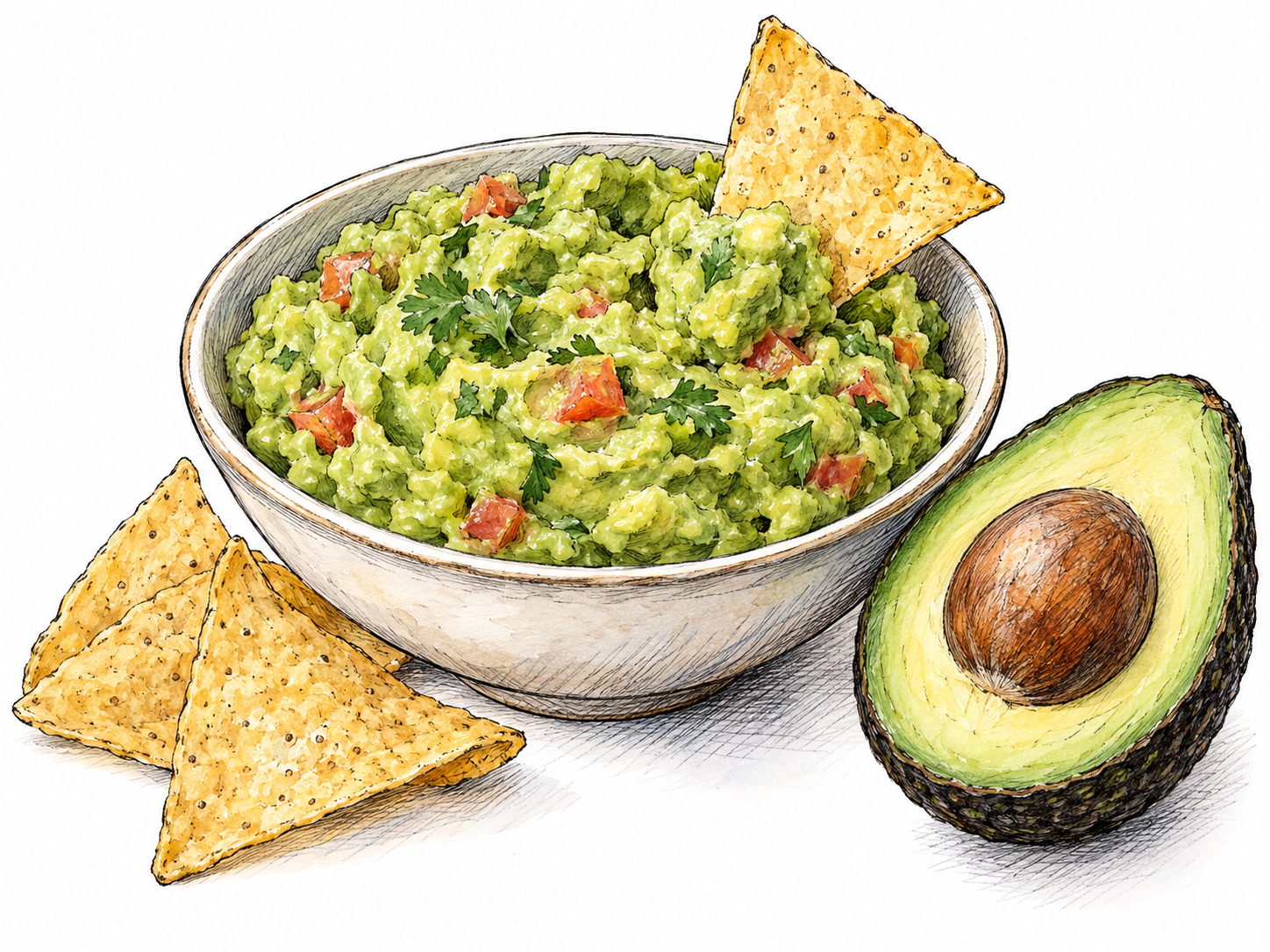 A shallow bowl of chunky green guacamole beside a freshly cut avocado half and a few tortilla chips, with one chip resting in the dip to reveal its thick mashed texture.