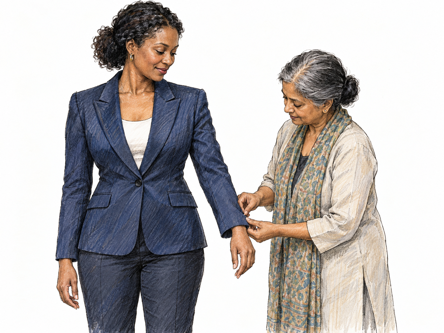 An older South Asian woman tailor checks the fit of a neatly tailored jacket worn by a middle-aged Black woman, emphasizing clothing construction and style of dress.