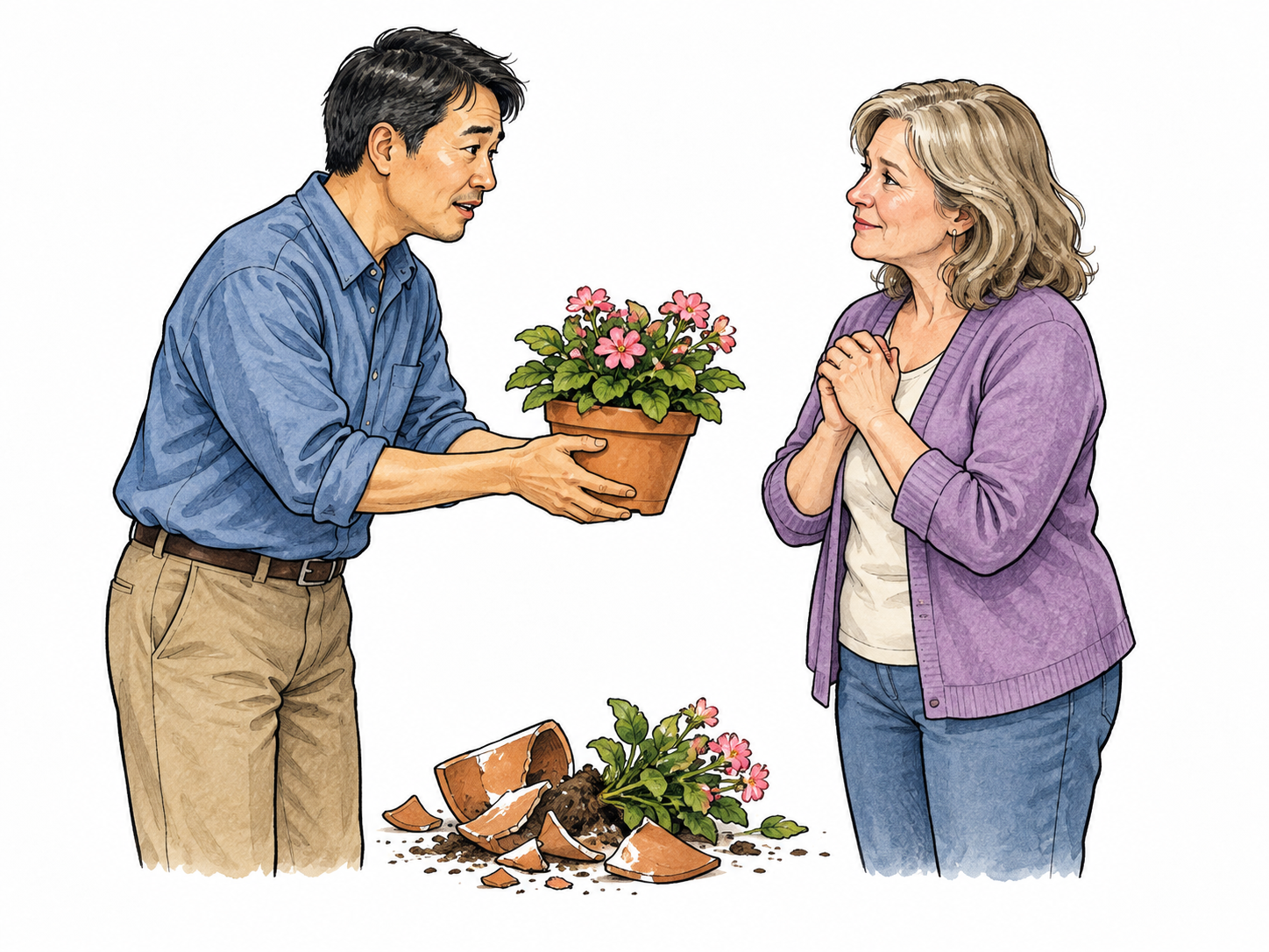 Adult compensates neighbor for accidentally broken flowerpot by handing over a new matching intact pot, broken one nearby, sincere apologetic exchange.