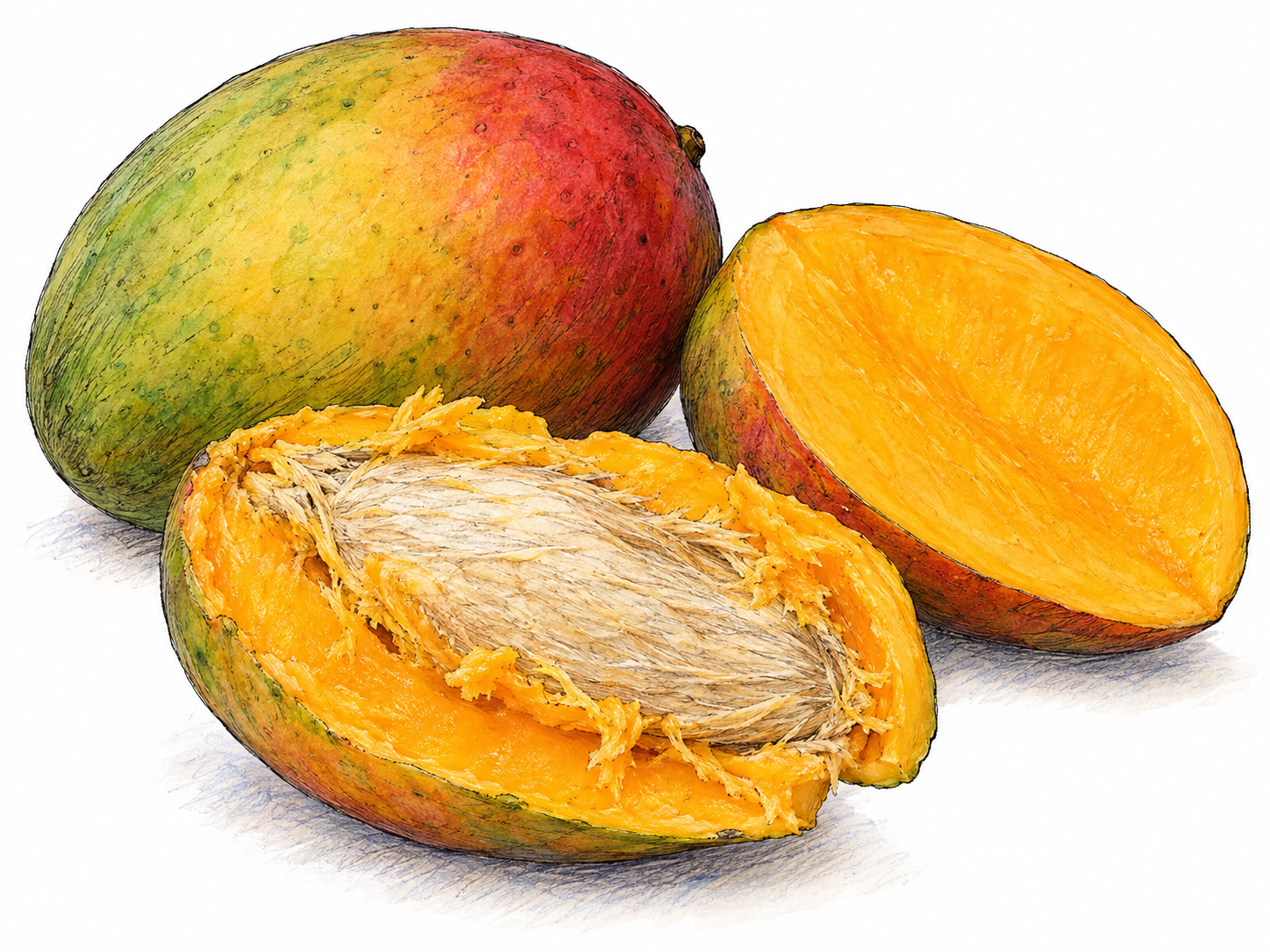 A ripe whole mango beside a cut cheek showing rich orange flesh and a central cut section exposing the fruit’s single large, flattened fibrous pit.