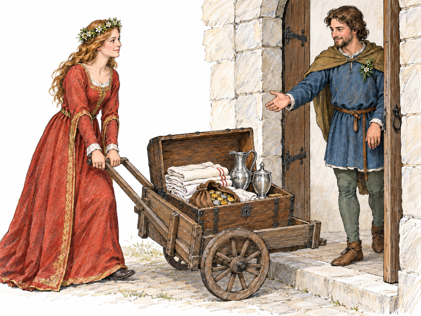 A bride brings an open marriage chest containing coins, silver vessels, and folded linen into the home she will share with her groom.