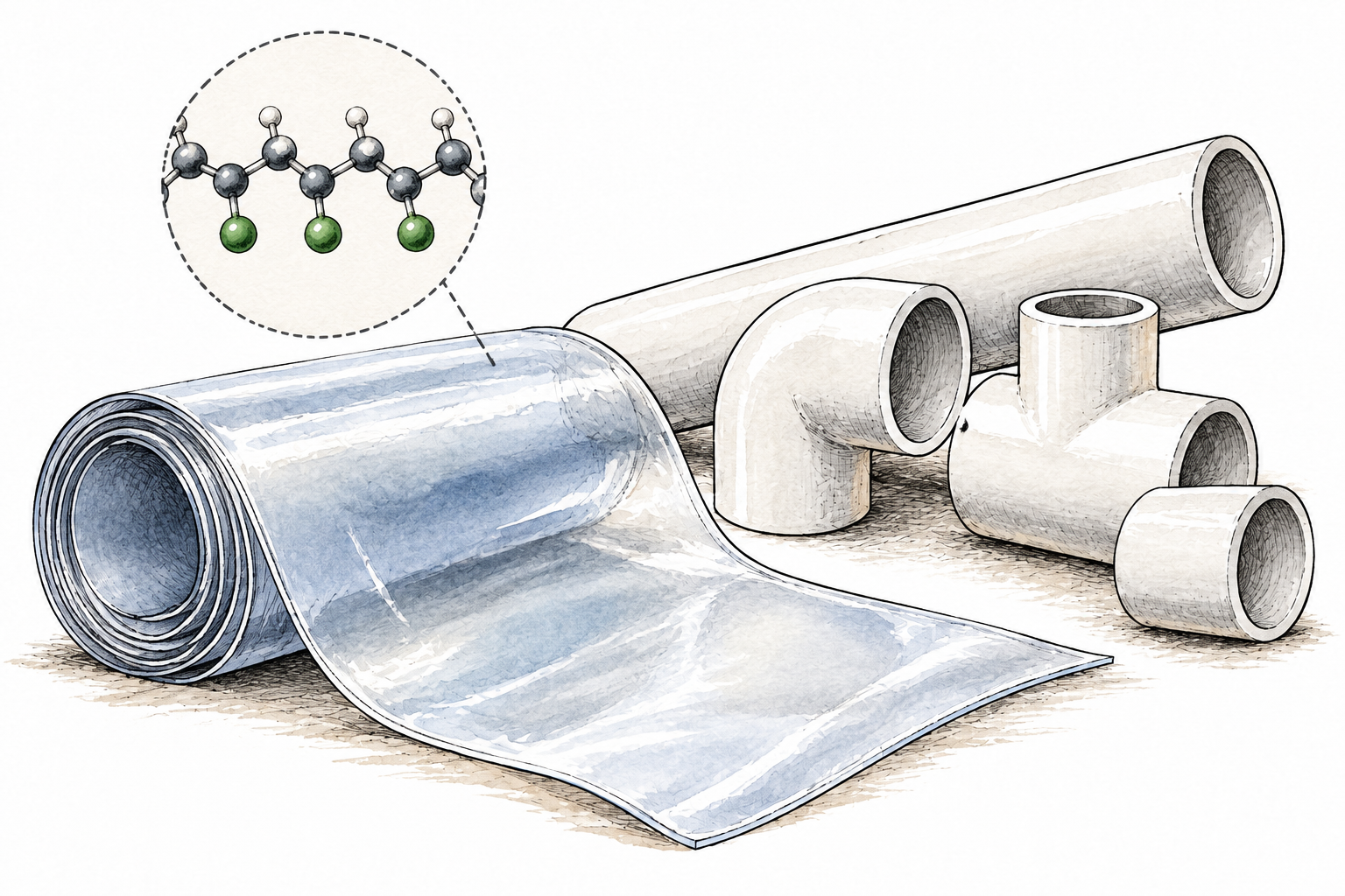 Rolled flexible polyvinyl sheet beside durable white polymer pipe pieces, clean material study, subtle repeating polymer-chain inset without labels, no text.