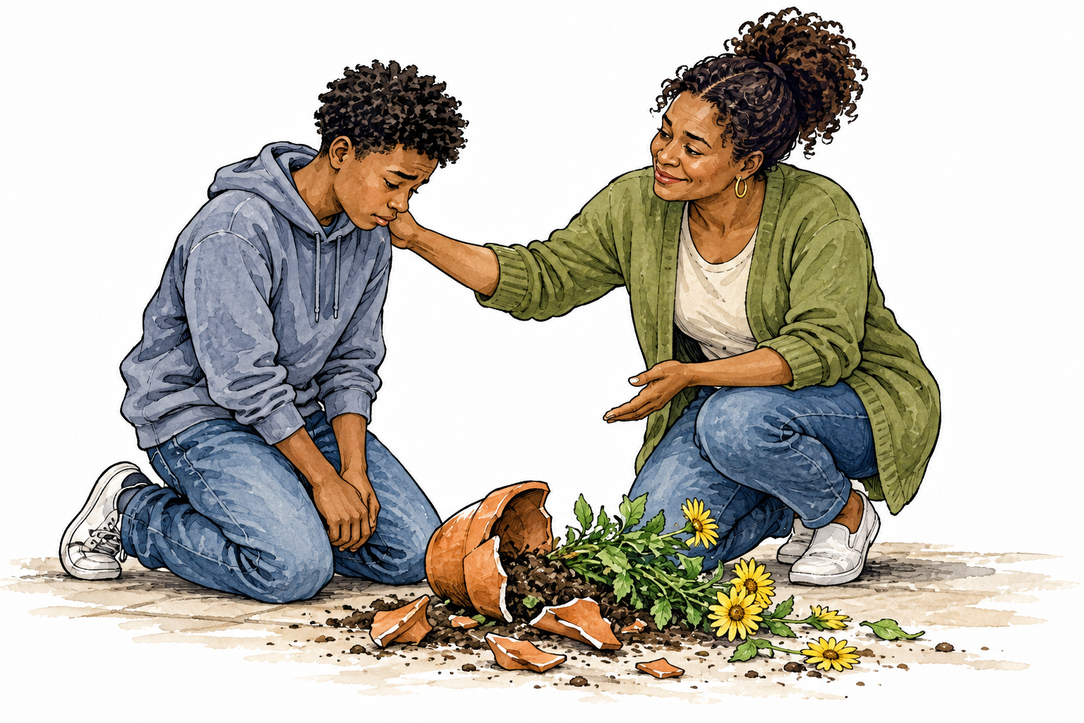 Black parent responds kindly to apologetic teenager beside broken flowerpot, willing to forgive.