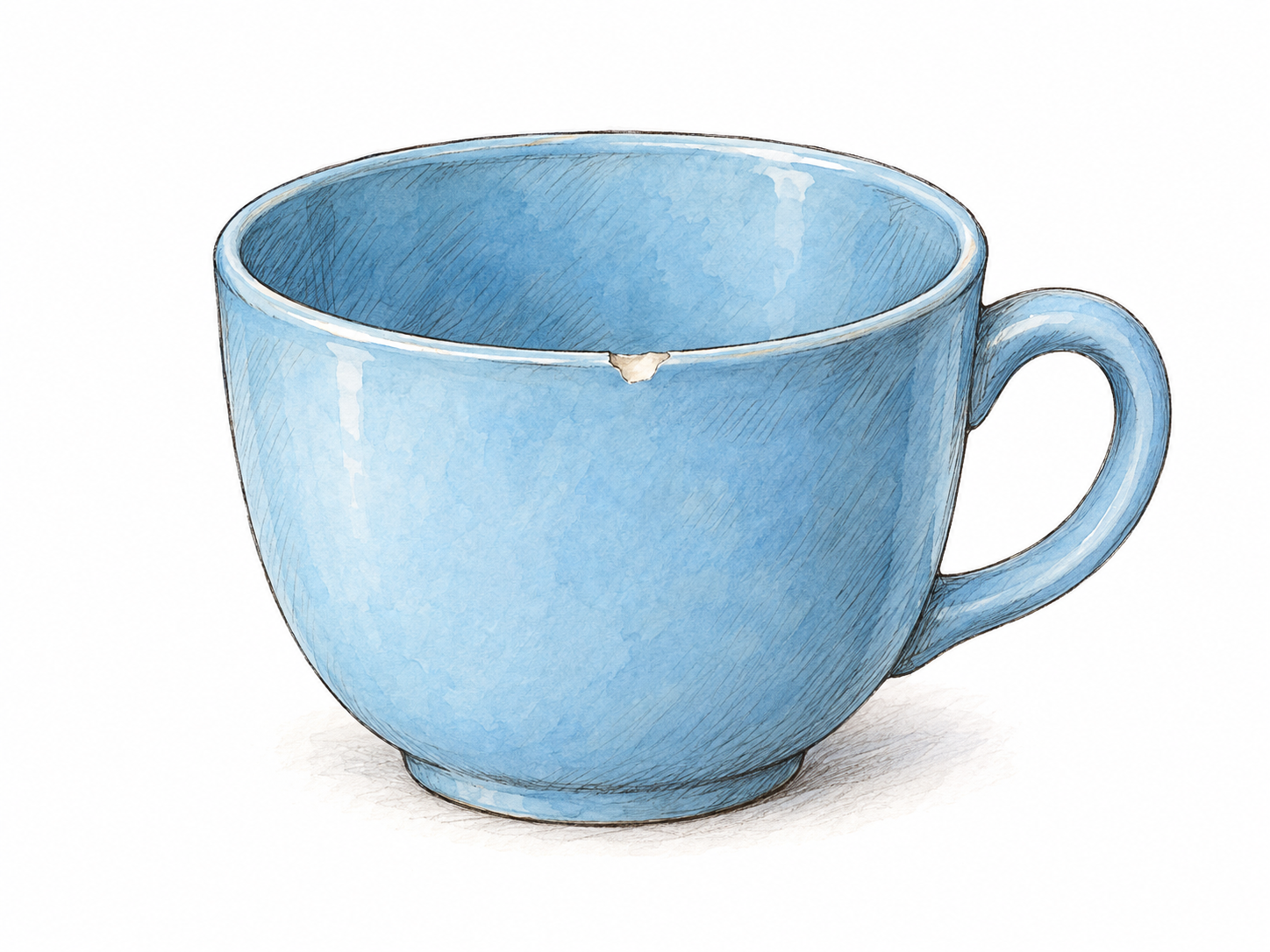 A nearly pristine ceramic cup with only a slight chip in its rim, making the small degree of damage visible against the otherwise intact object.