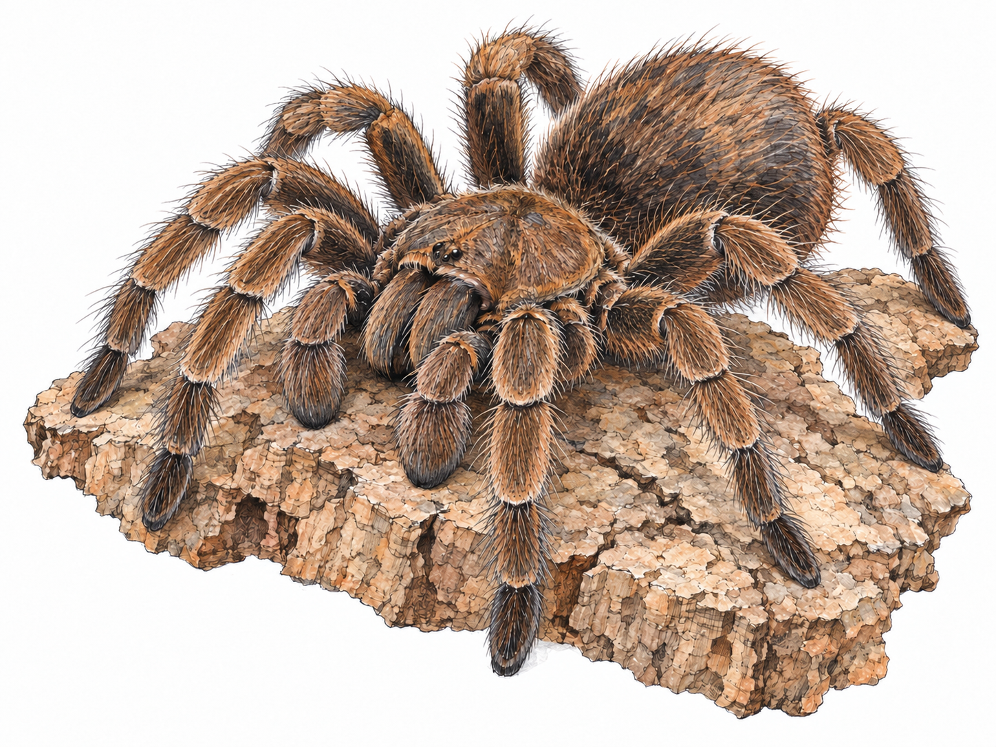 A single large, hairy tarantula resting on a small piece of cork bark, with its eight legs and fuzzy body clearly visible.